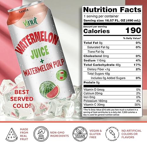 Miniatura 2 de Vinut Bebida natural de jugo de sandía con pulpa, (16.57 onzas líquidas, paquete de 12) jugo de sandía real, sin azúcar añadido, sin gluten, sin OMG