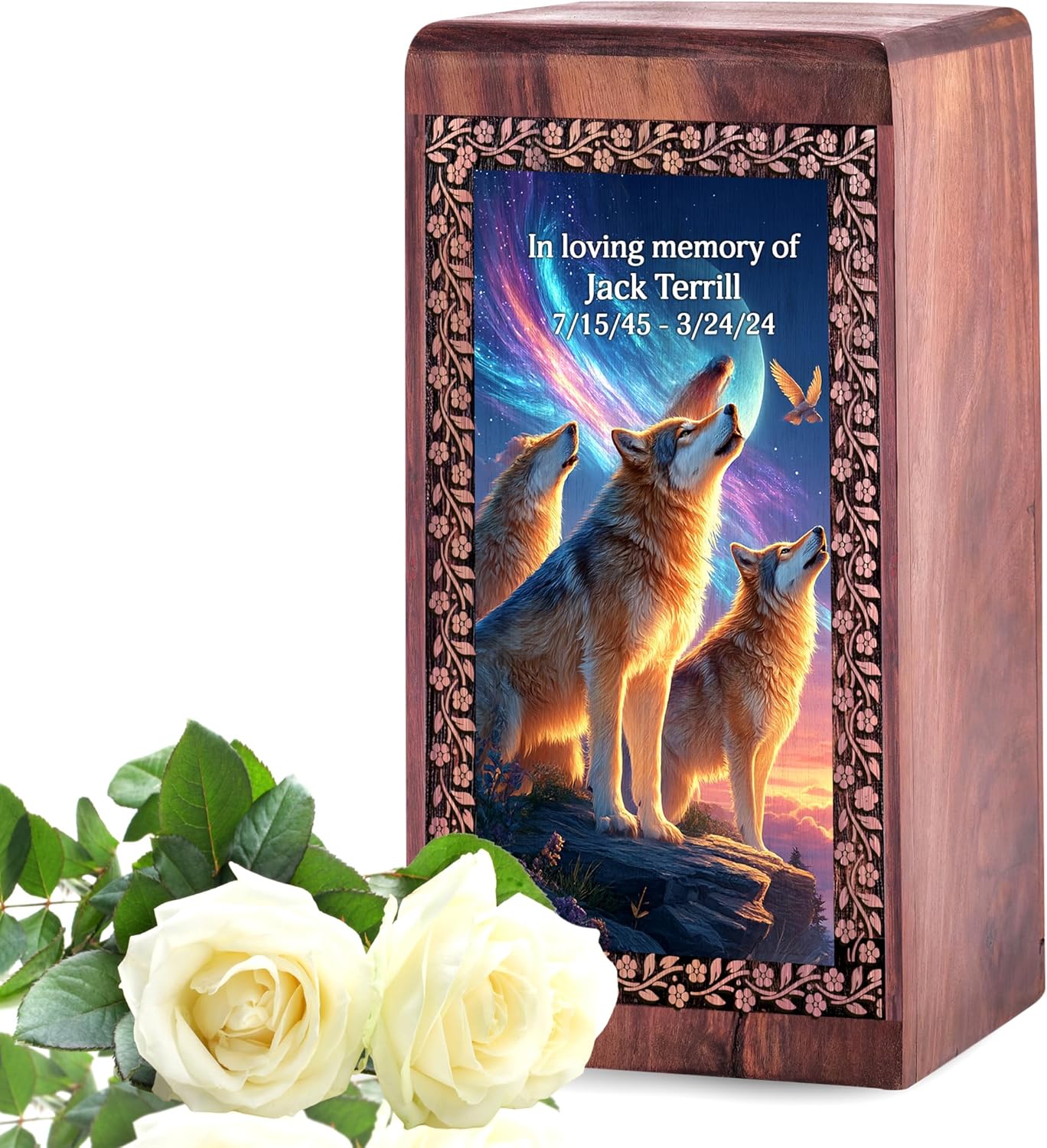 Wolf Custom Wooden Boxes - Northern Light Urns for Human Ashes Women - Moon Mini Wood Box 5 Inch - Small Personalized Engraved Urns - Funeral Urn for Father Ashes - Memorial Adult Male Cremation Urn