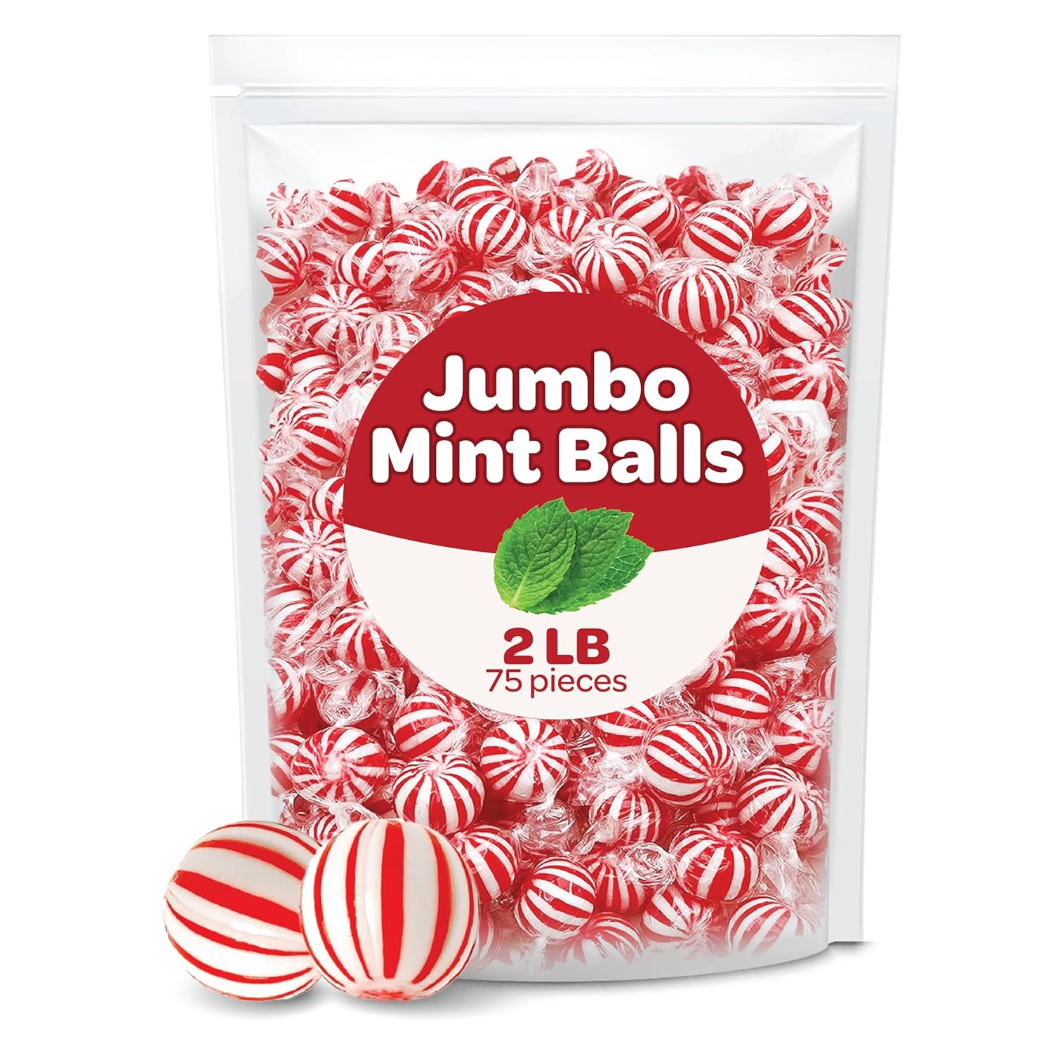 Jumbo Mint Balls - 2 Pound Bulk Pack - Peppermint Hard Candy Individually Wrapped - Classic Peppermint Balls for Candy Jars, Office Bowls, and Party Favors (Pack of 2)