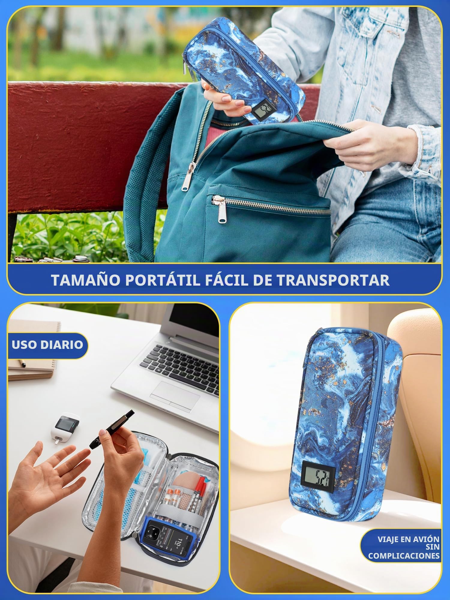 YOUSHARES Bolsa Refrigerante para Insulina con 2 Bolsas de Hielo TSA, Bolsa Isotérmica para Insulina, Nevera Insulina para Viajes con Indicador Temperatura (Arena Movediza Dorada)