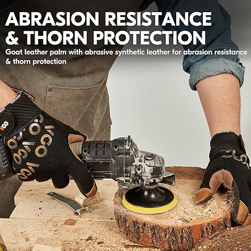 Miniatura 4 de Vgo... Guantes de trabajo de piel de cabra para hombres, guantes de jardinería de cuero, guantes de mecánico ligeros, guantes de trabajo de