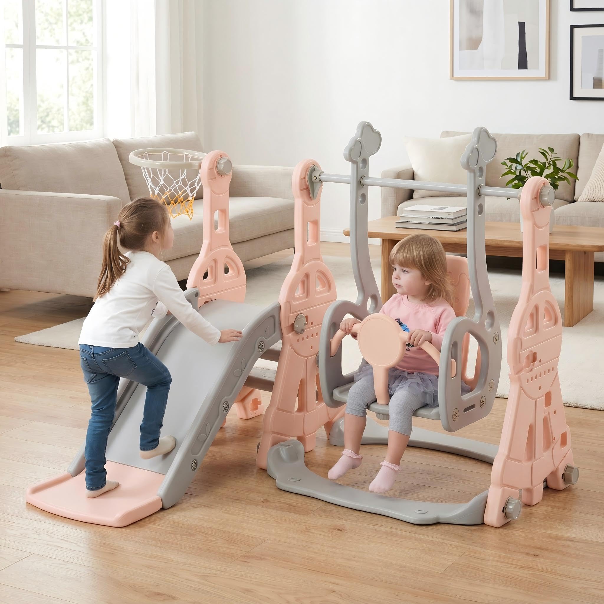 Tobogán al aire libre infantil, 4 en 1 columpio con tobogán con toboganes, escaleras, columpios y cestas de baloncesto, aplicable niños físicos completos casas jardines de infancia parques