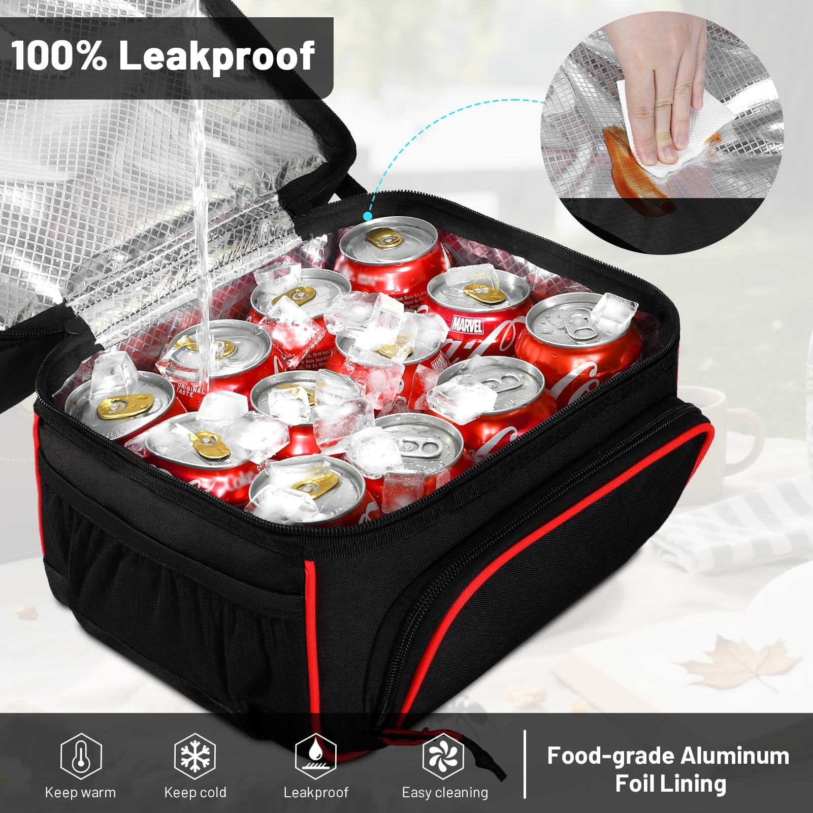 MIER Bolsa de almuerzo de doble compartimento con correa para el hombro para hombres y mujeres, bolsa térmica aislada a prueba de fugas, color negro y rojo