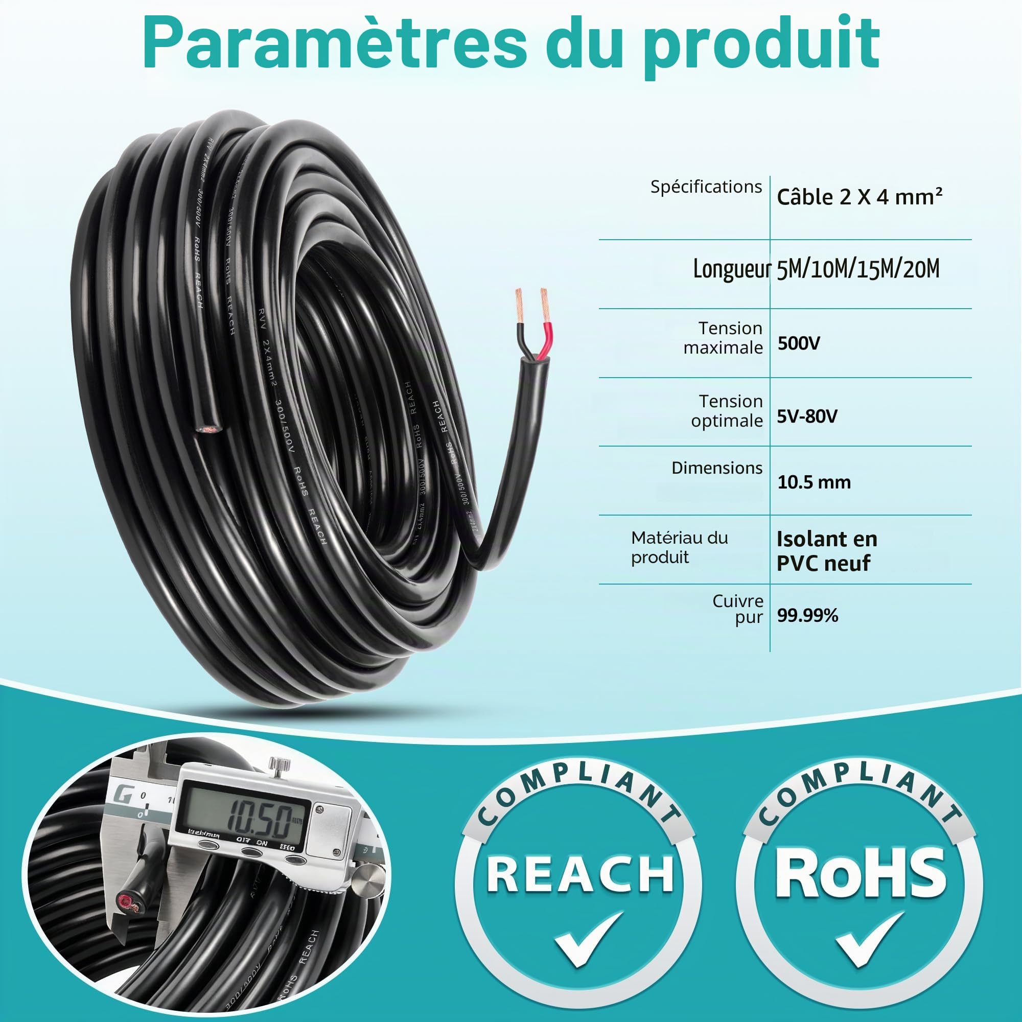 Câble Rond Remorque 2 Fils 4,0mm², 20M Cable d'Extension à 2 Conducteurs 12V/24V - Câble de Cuivre PVC pour Véhicule Auto Camping Voiture Caravane, Approuvé RoHS Reach