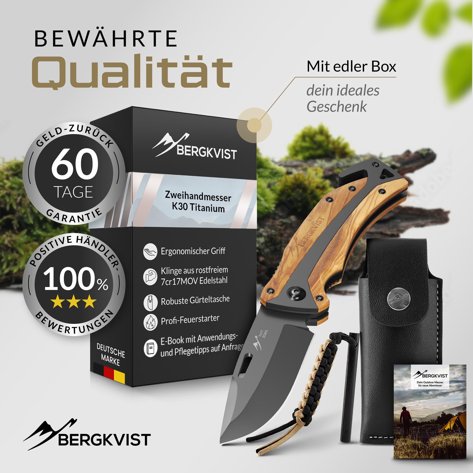 BERGKVIST K30 Titanium nóż składany (dwuręczny) z drewnianą rączką - scyzoryk zewnętrzny 3 w 1 z łamaczem szkła i przecinakiem do pasów do przetrwania, polowania i kempingu