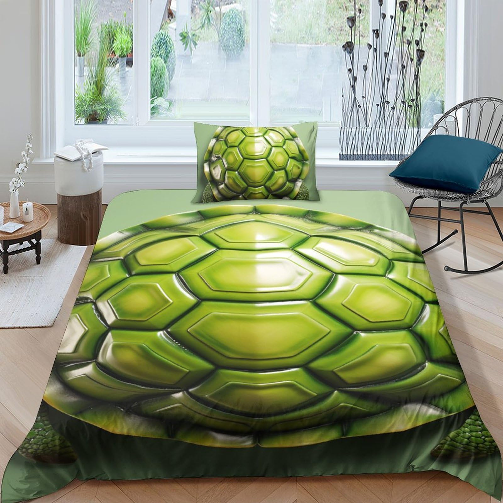 Parure de lit tortue verte housse de couette 135x200 avec taie d'oreiller imprimé 3D animaux