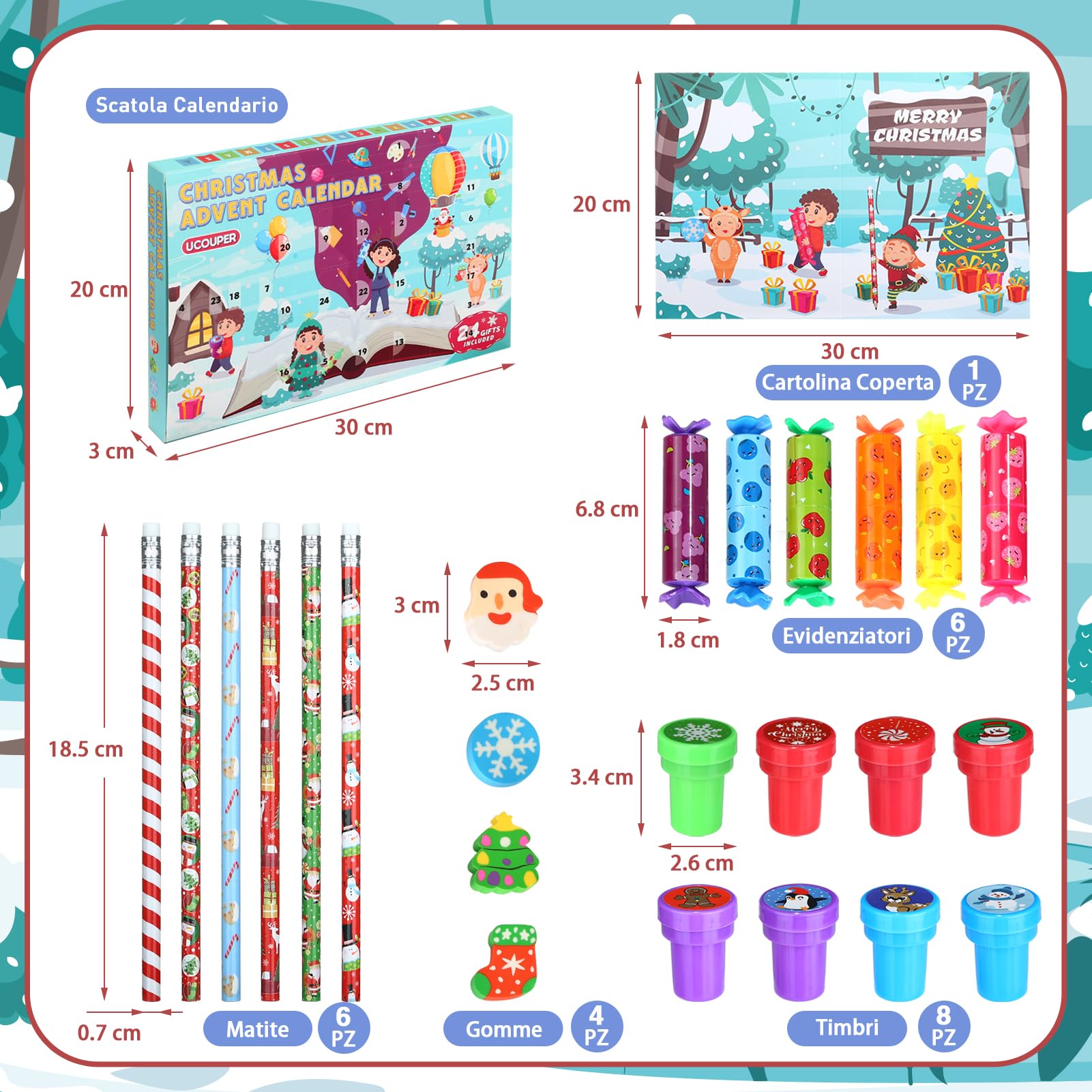 Calendario Avvento 2025 di Cancelleria Scuola Set Cancelleria 24 Articoli Calendario Avvento Bambini Bambina con Matite Timbri Evidenziatori e Gomma Regali di Natale Bambini