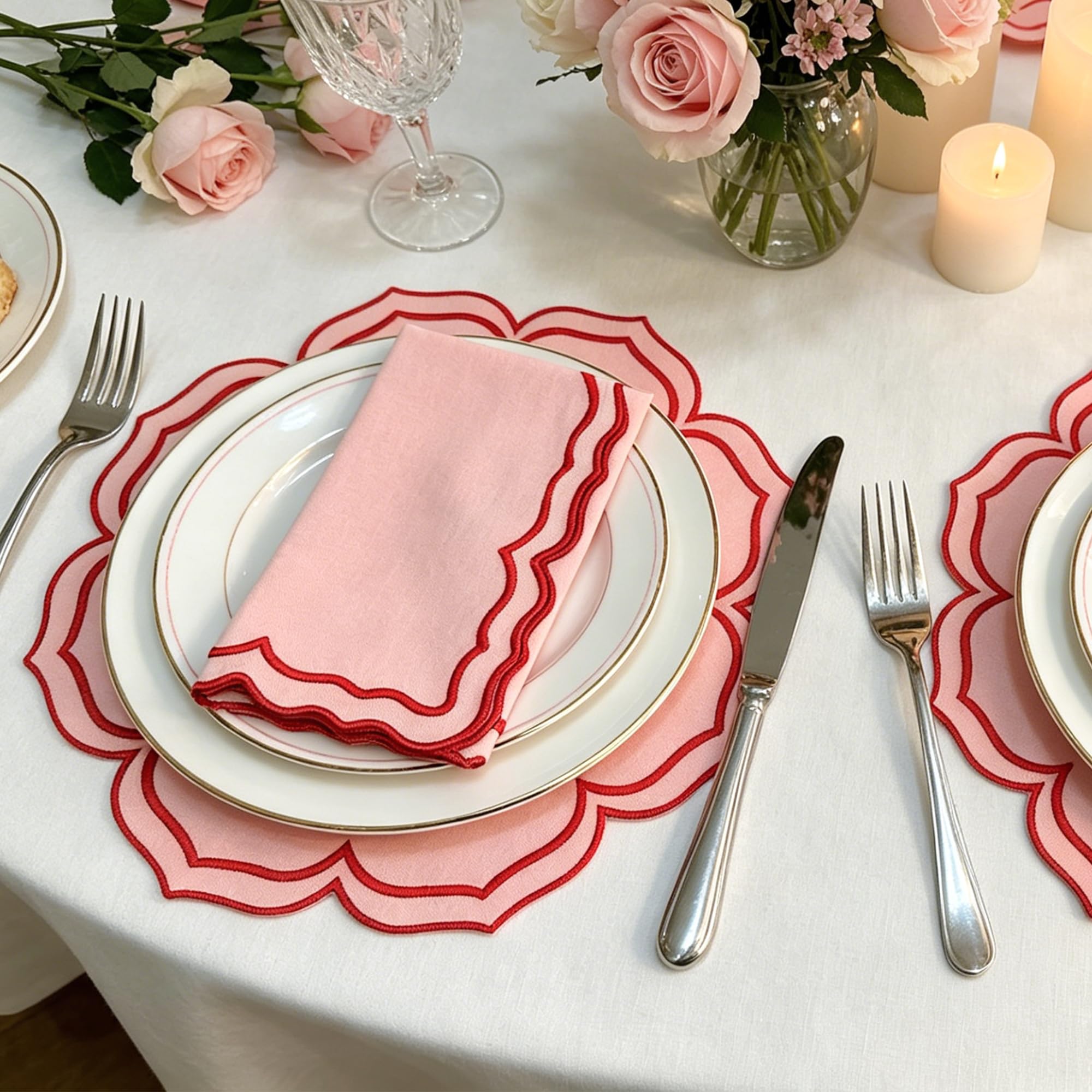Juego de 4 servilletas de tela de lino de algodón, 45,7 x 45,7 cm, lavables para decoración de mesa de fiesta de boda (redondo, rosa con rojo)