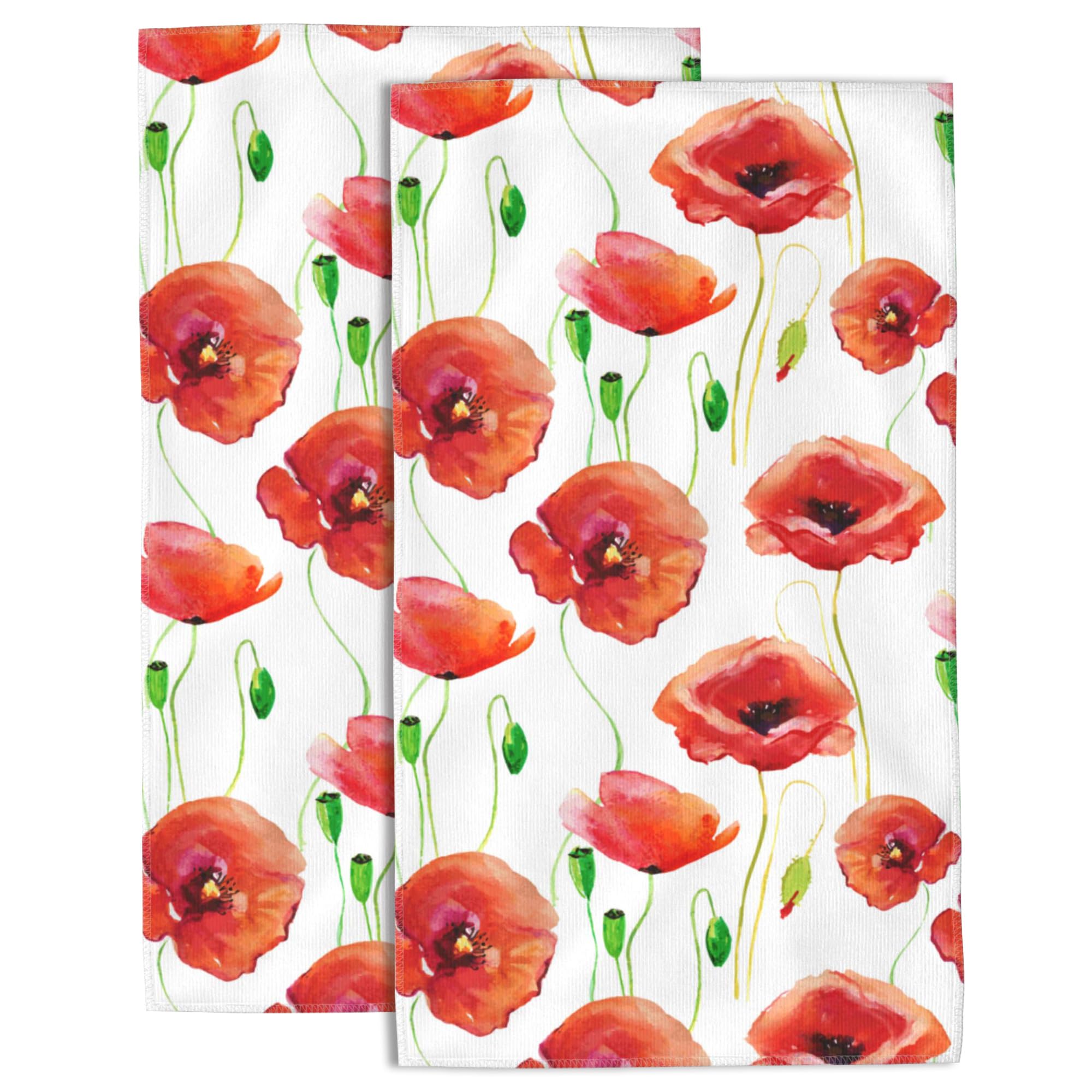 Wotinsi Poppies Hand Towels Set of 2 - Watercolor Floral Soft Absorbent Decorative for Bathroom Kitchen Sports Gym Yoga Home Decor 14 x 28 in