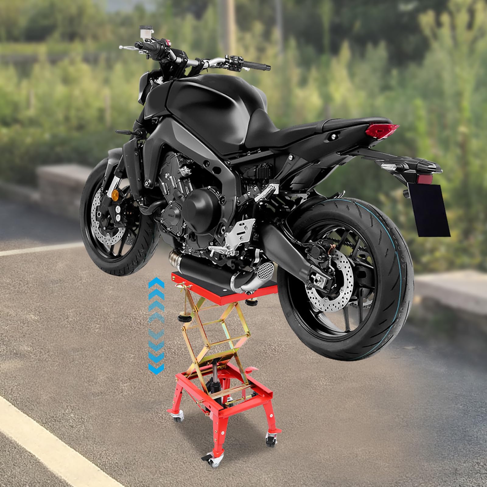 Plataforma elevadora hidráulica para motocicleta, altura ajustable 30-80 cm, capacidad de carga 160 kg, con 4 ruedas y ganchos en J, plataforma de elevación estable para motocicletas y ATVs