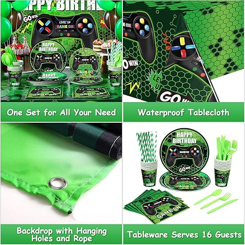 Miniatura 3 de Tatuo 152 piezas de suministros para fiesta de cumpleaños de videojuegos, cubierta de mesa para fiesta de jugadores, telón de fondo de feliz