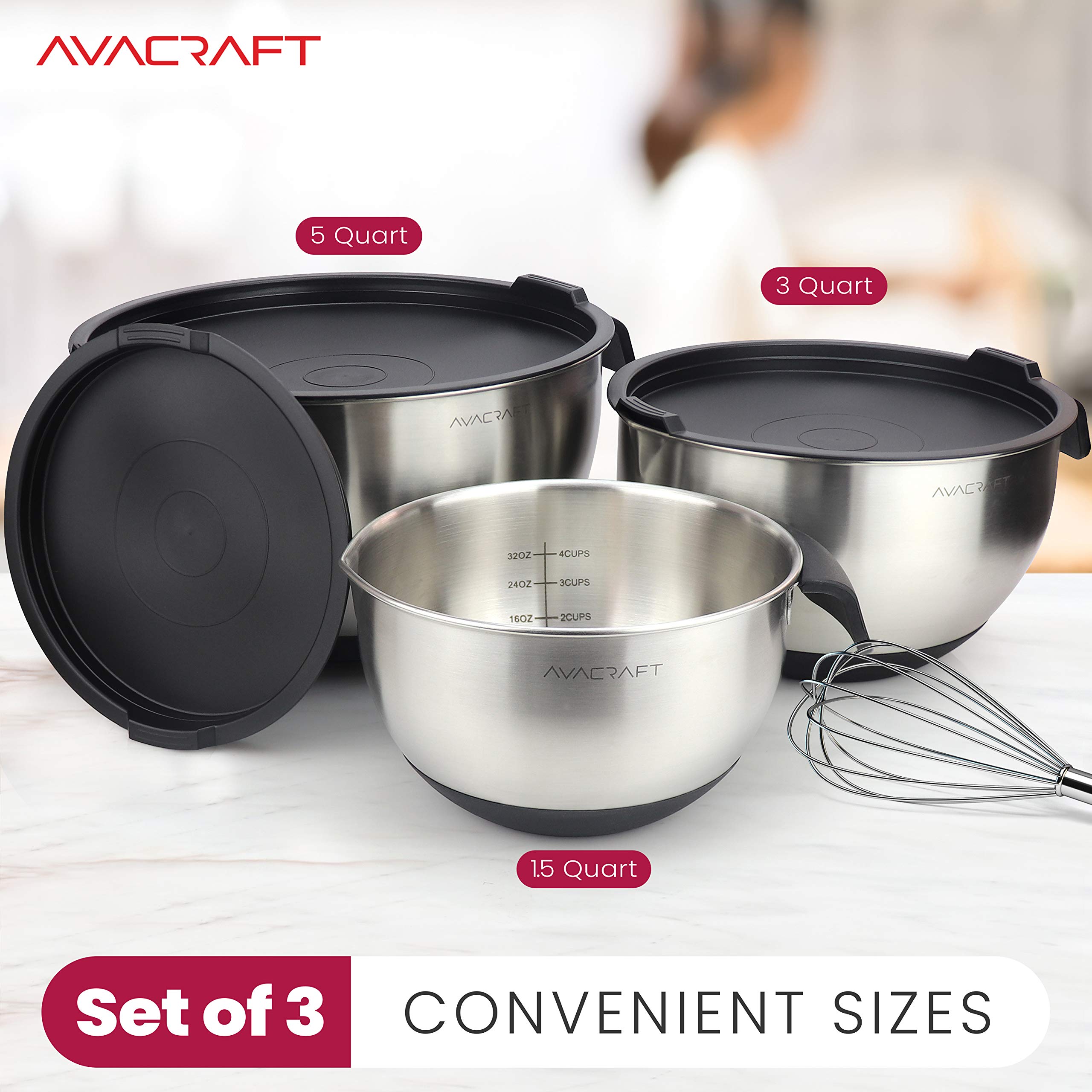 AVACRAFT Modern High Quality 18/10 Stainless Steel Mixing Bowl Set with Lids, Soft Handle & Spout by AVACRAFT