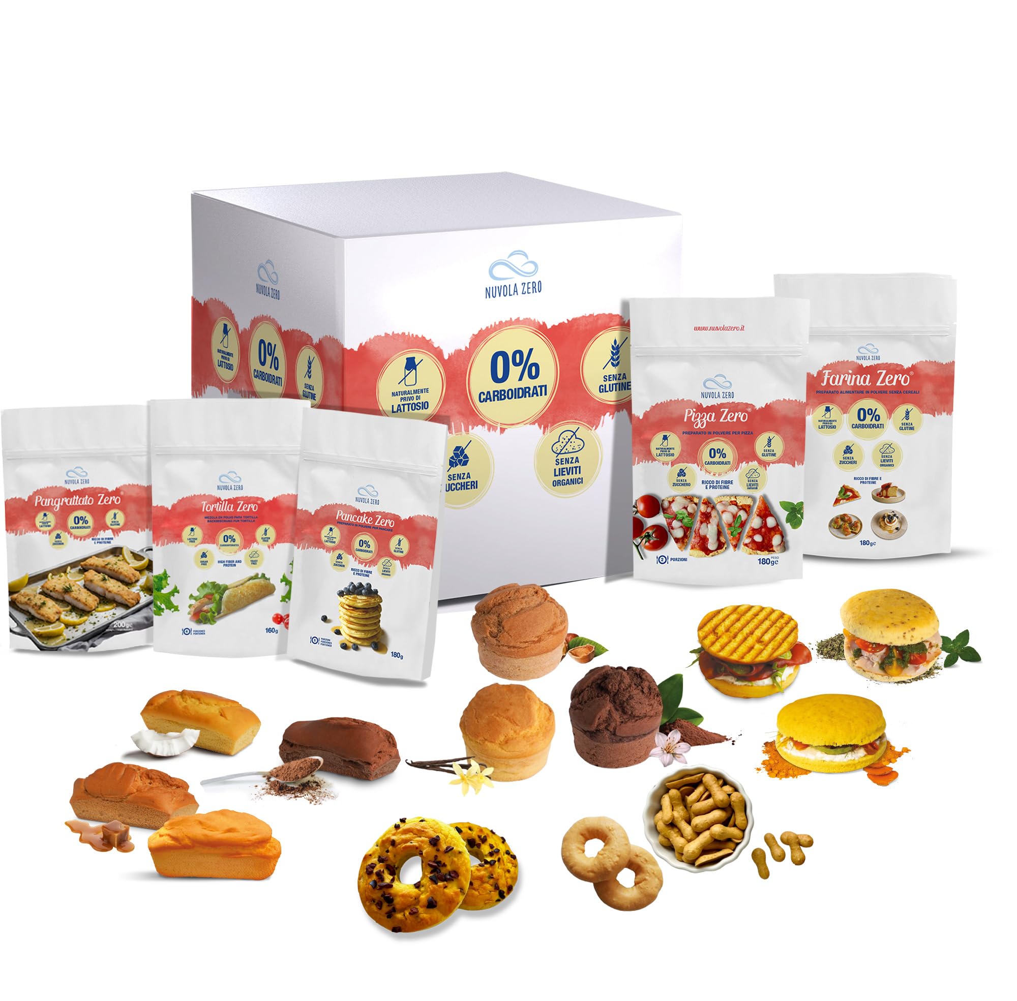 Personaliza tu KIT CERO CARBOHIDRATOS Nuvola Zero, Pan Cero, Muffins Cero, Snack dulces y salados, Mezclas en polvo sin azúcar, sin gluten y sin lactosa. ¡Ricos en fibra y proteínas!
