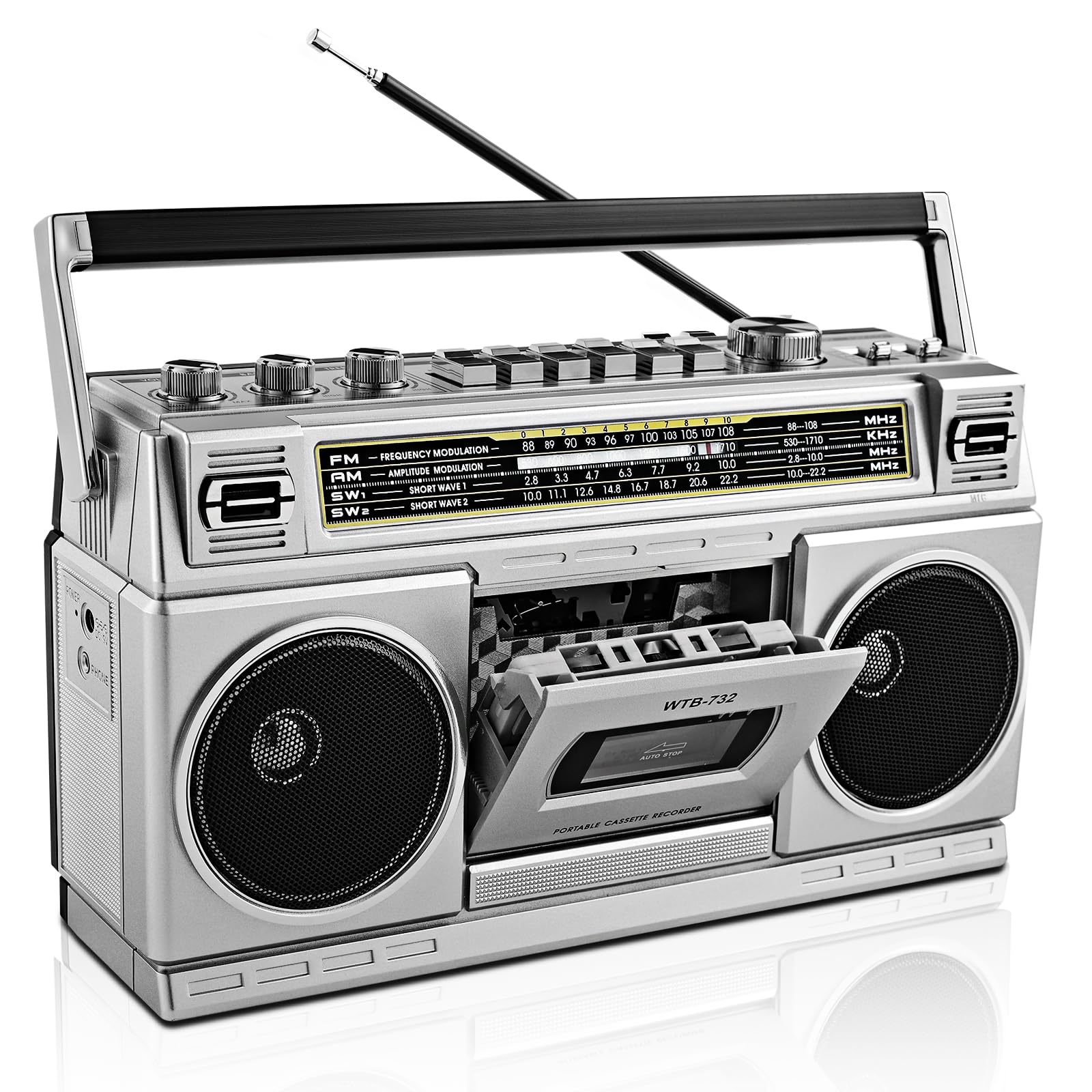 Boombox Rétro Années 80 Bluetooth Lecteur Cassette Radio AM/FM/OC 24W Portable USB Micro SD