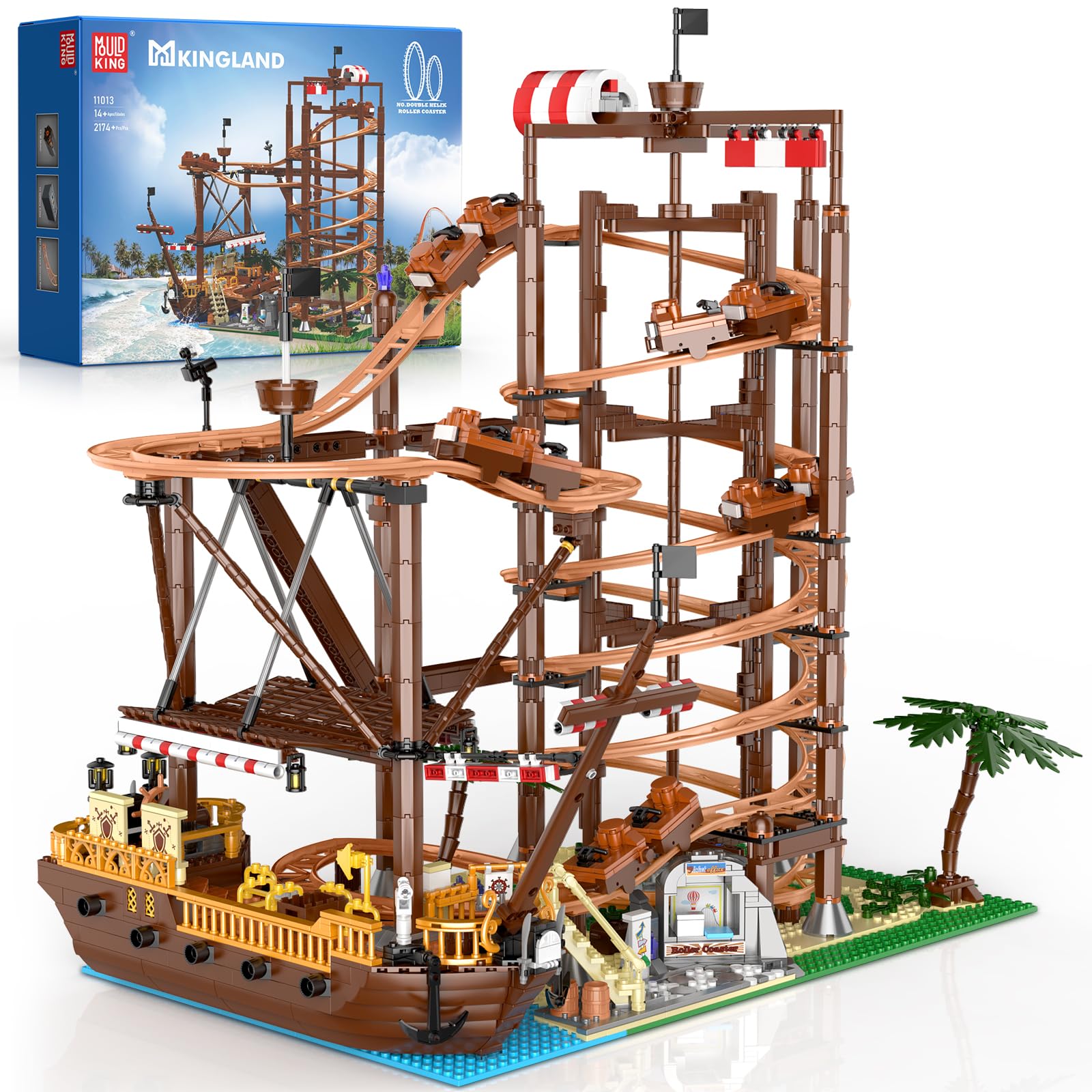 Mould King 11013 Achterbahn- und Piratenschiff-Bauset, 2174-teiliges Vergnügungspark-Modell, Doppelhelix-Achterbahn-Bauspielzeug für Erwachsene, Jugendliche ab 14 Jahren