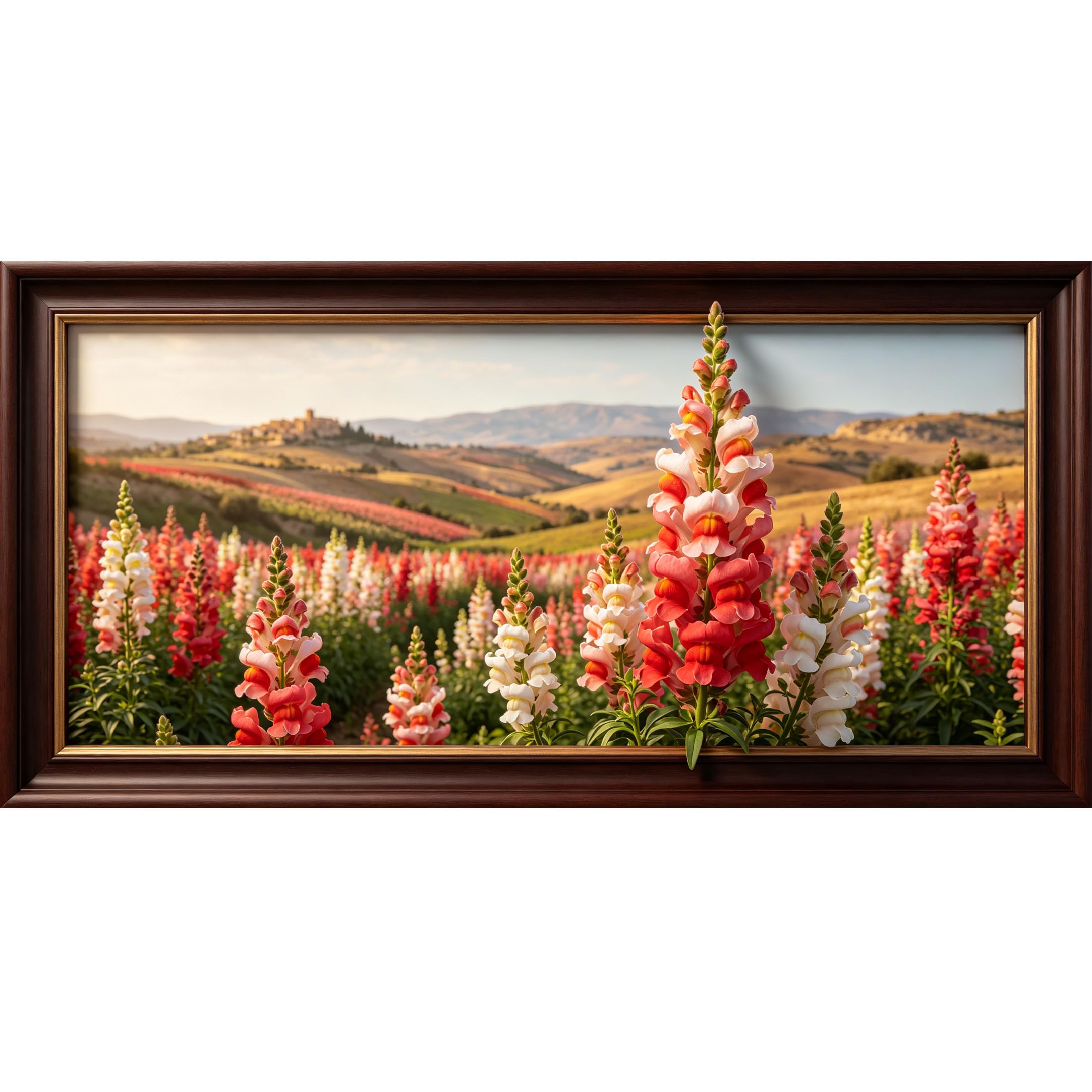 Agglomerix 3D Framed Wall Art Snapdragon Field Landscape Botanical Mountain Valley View Large Size Self-Adhesive Removable Wall Decor Prints Artwork for Living Room Bedroom Office