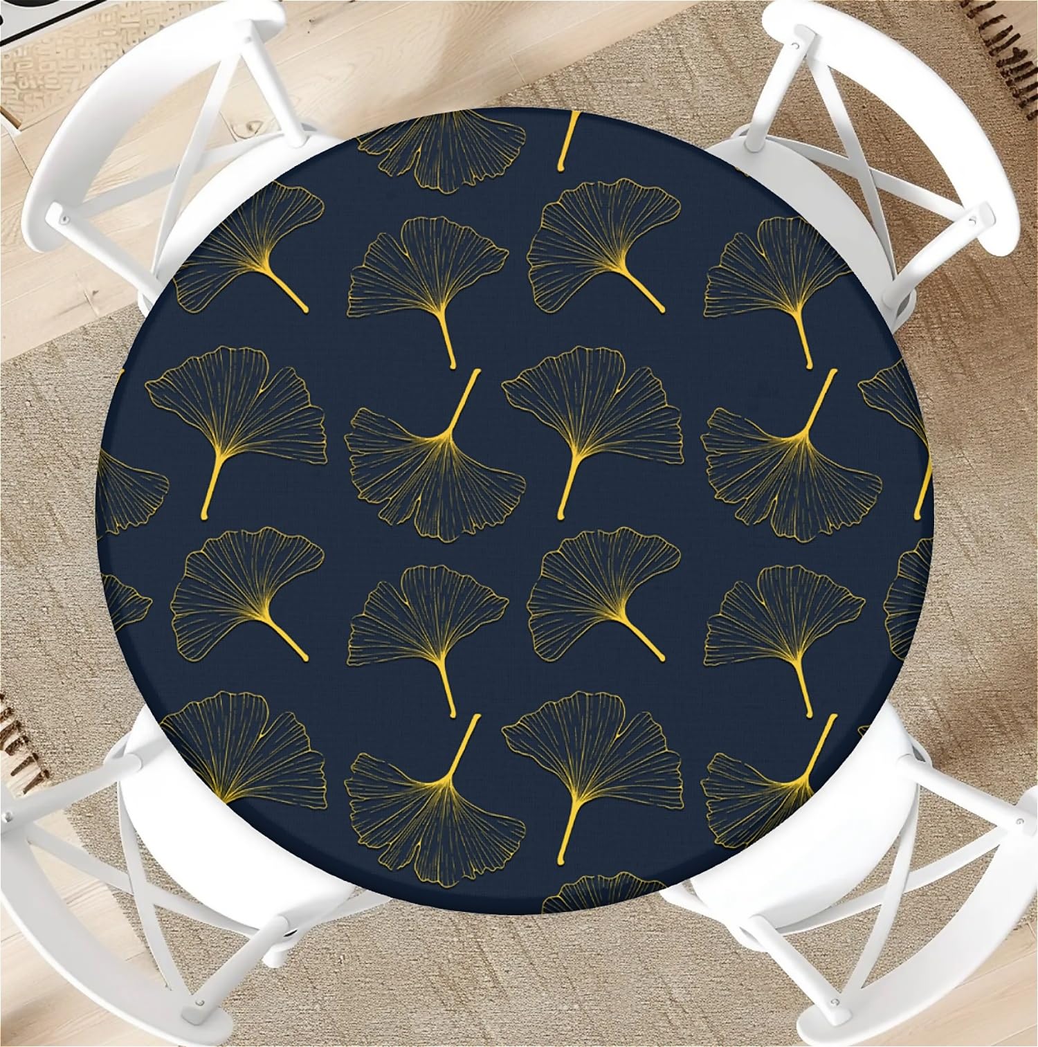 Outdoor Runde Tischdecke mit Gummizug Ø 36in-90cm- Elastisch Garten tischdecke mit Ginkgoblatt Muster Passend für 75cm-85cm