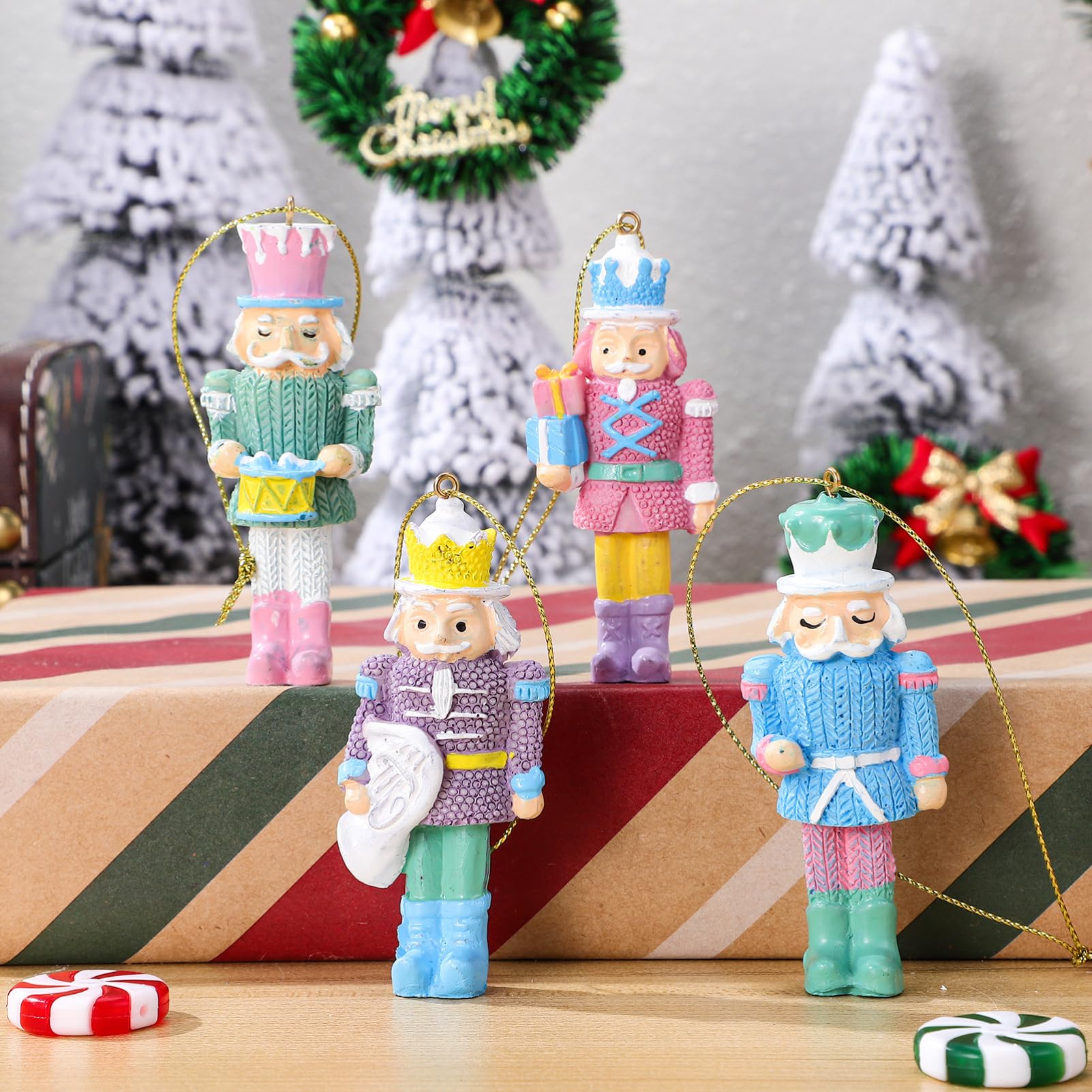 Didiseaon 4 Pcs Christmas Nutcracker Ornaments 8cm /3.14 Inch Resin Hanging Nutcrackers Figures Christmas Miniature Nutcracker for Xmas Tree Traditional Holiday Decor