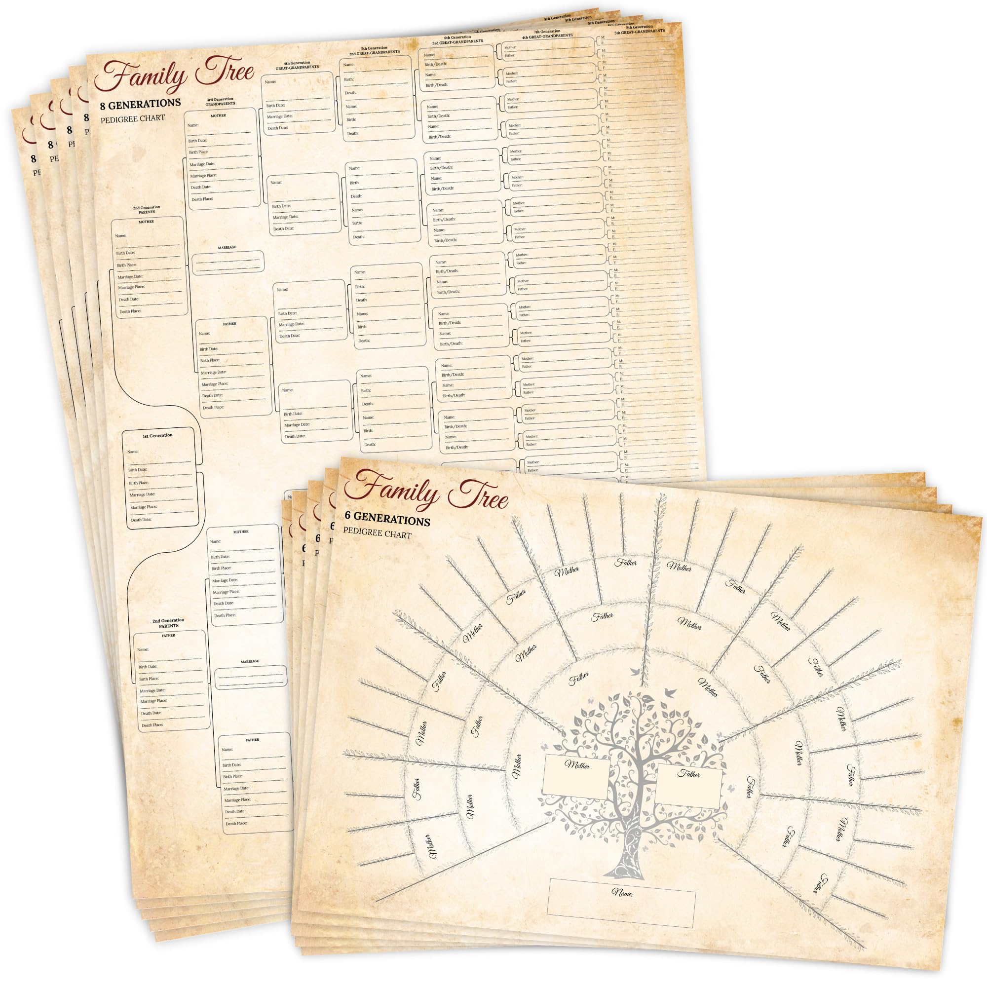 Templatables Family Tree Charts to Fill In – A3 Ancestry Posters (6 & 8 Generations) – 10 Pack Double-Sided Genealogy Charts – Thick Quality Paper, Folded to A4 – Trace & Share Your Family History