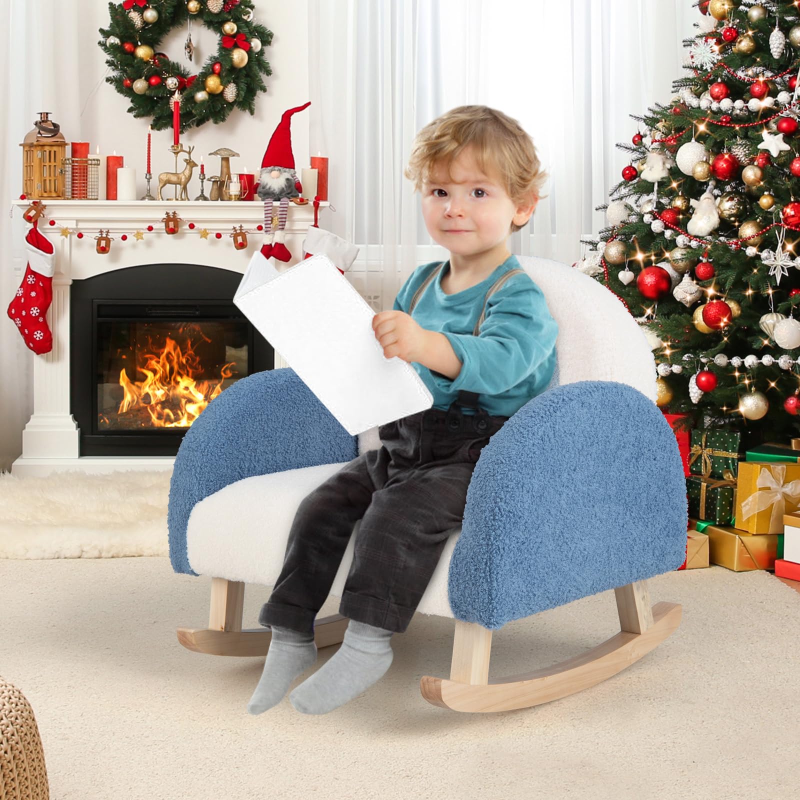 GYMAX Poltrona per Bambini a Dondolo in Teddy Velluto con Gamba in Legno Massello, Poltrona Imbottita a Dondolo per Bambini Carini per Asilo Nido e Sala Giochi, Età 3-5 Anni (blu)