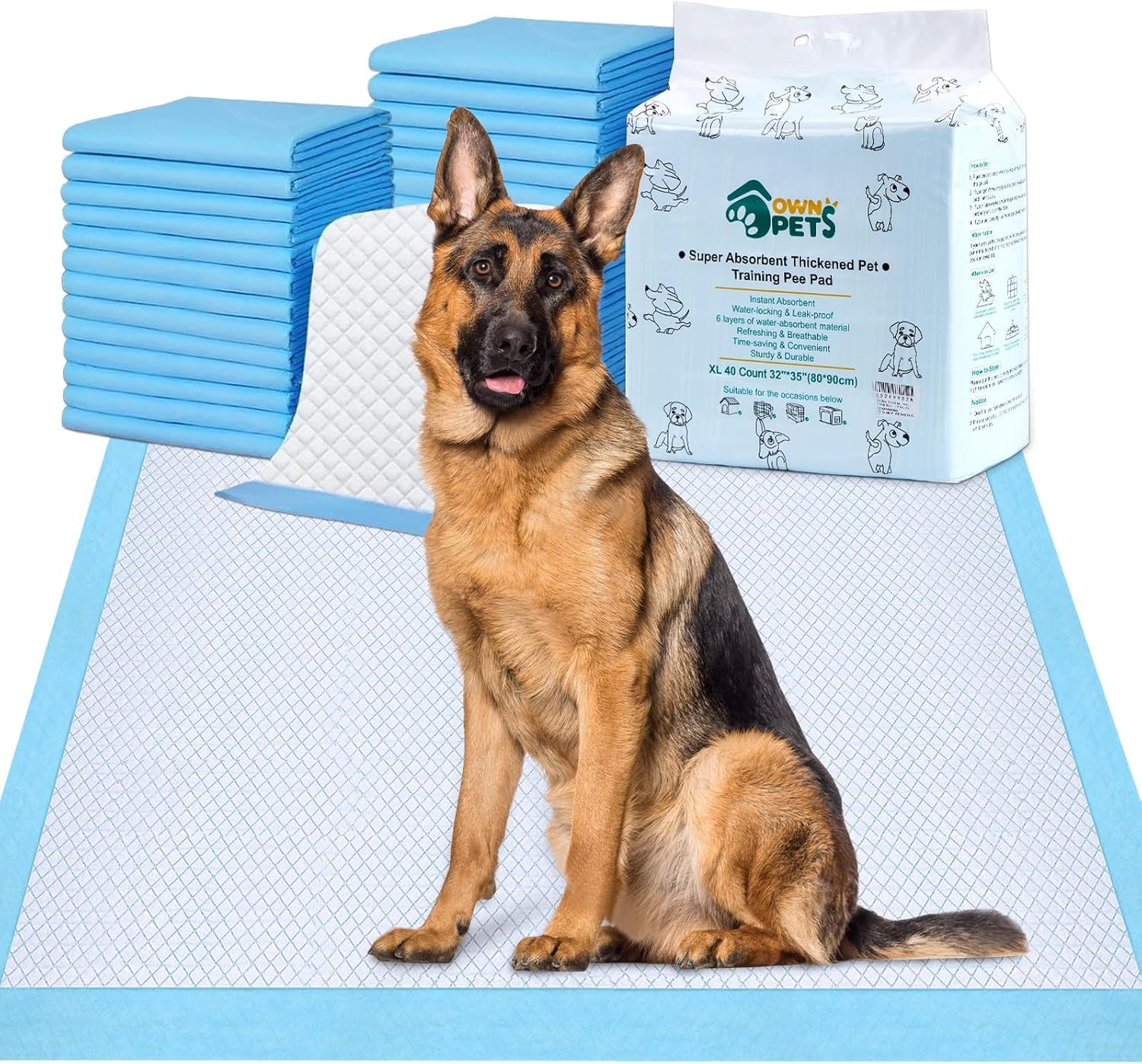 Ownpets 80x90cm große Trainingsunterlagen Hund, 40 stücke saugfähige Hunde Toilettenmatte, Pee Pads, Pipi Matten für Hunde, Inkontinenzunterlage Einweg, schnell trocknender Oberfläche, für große Hunde