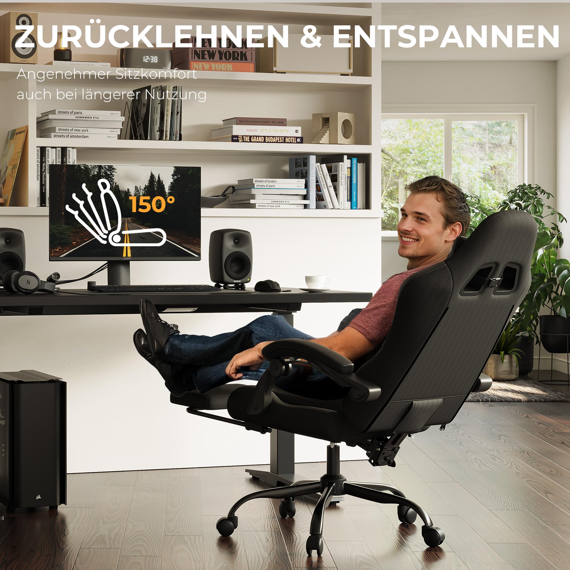 Nexthra Gaming Stuhl Ergonomisch mit Fußstütze, Gepolsterter Gamer Stuhl bis 180 kg, 150° Verstellbare Rückenlehne, Komfortabler Gamingstuhl Bürostuhl für Gaming und Büro, Schwarz