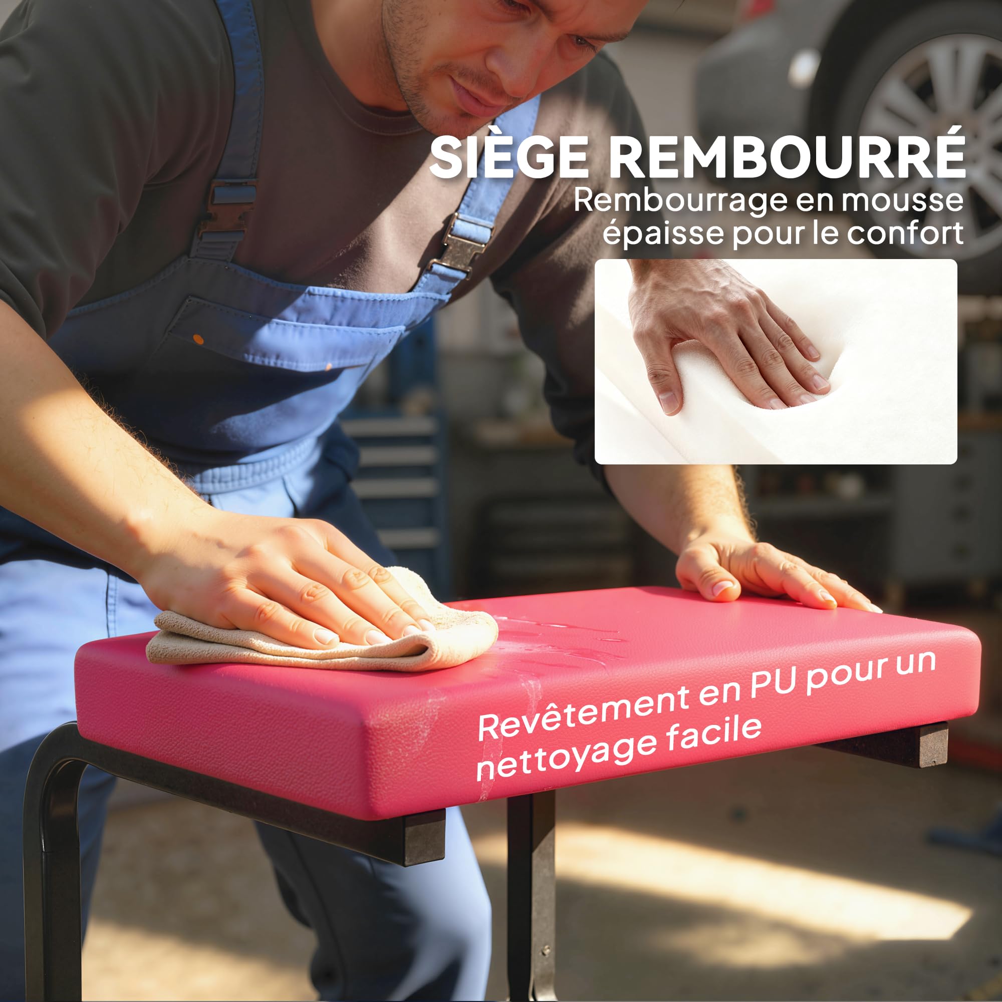 HOMCOM Tabouret de Mécanicien Tabouret d'Atelier Mobile Plateau à Outils | Charge 135 kg, Siège d'Atelier avec Roulettes Lisses Pivotant à 360°, pour Entretien, Réparation Automobile, Garage