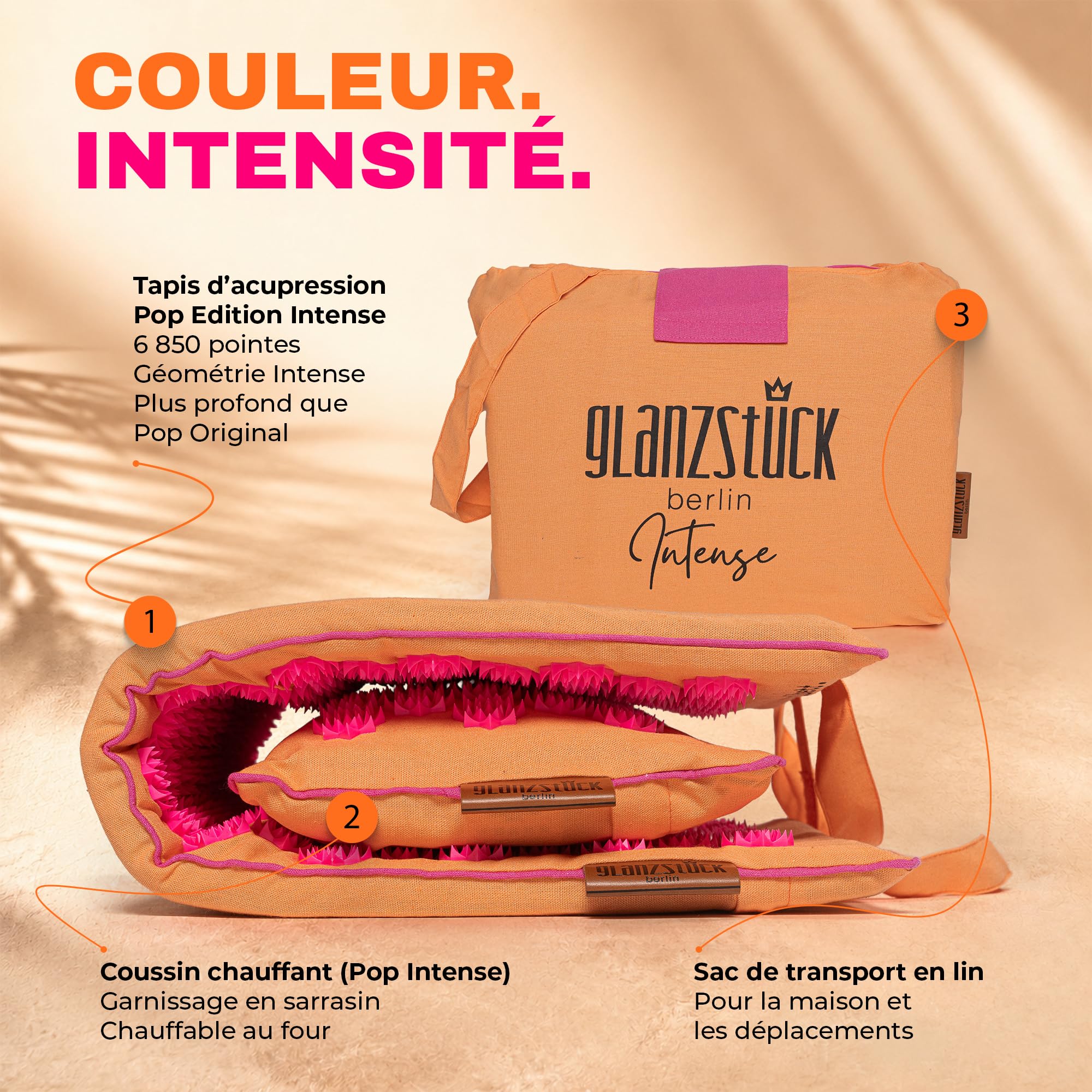 Glanzstück Berlin® Health Collection - Tapis d'acupression XL Intense Color en lin - Aide à soulager les tensions et les maux de dos - Tapis de massage avec coussin (fonction chauffe) et sac - Durable