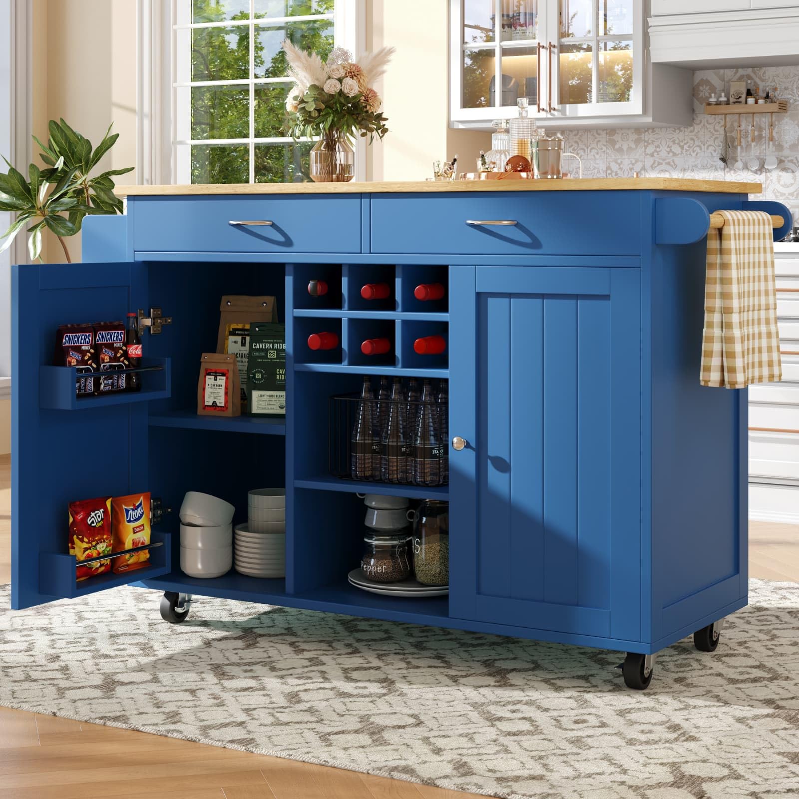 PUGSDRLY Desserte Cuisine avec roulettes,Buffet Cuisine de Rangement avec Un casier à vin,Chariot de Repas,2 Tiroirs et 2 Porte,Espace de Rangement Multifonctionnel (Bleu)