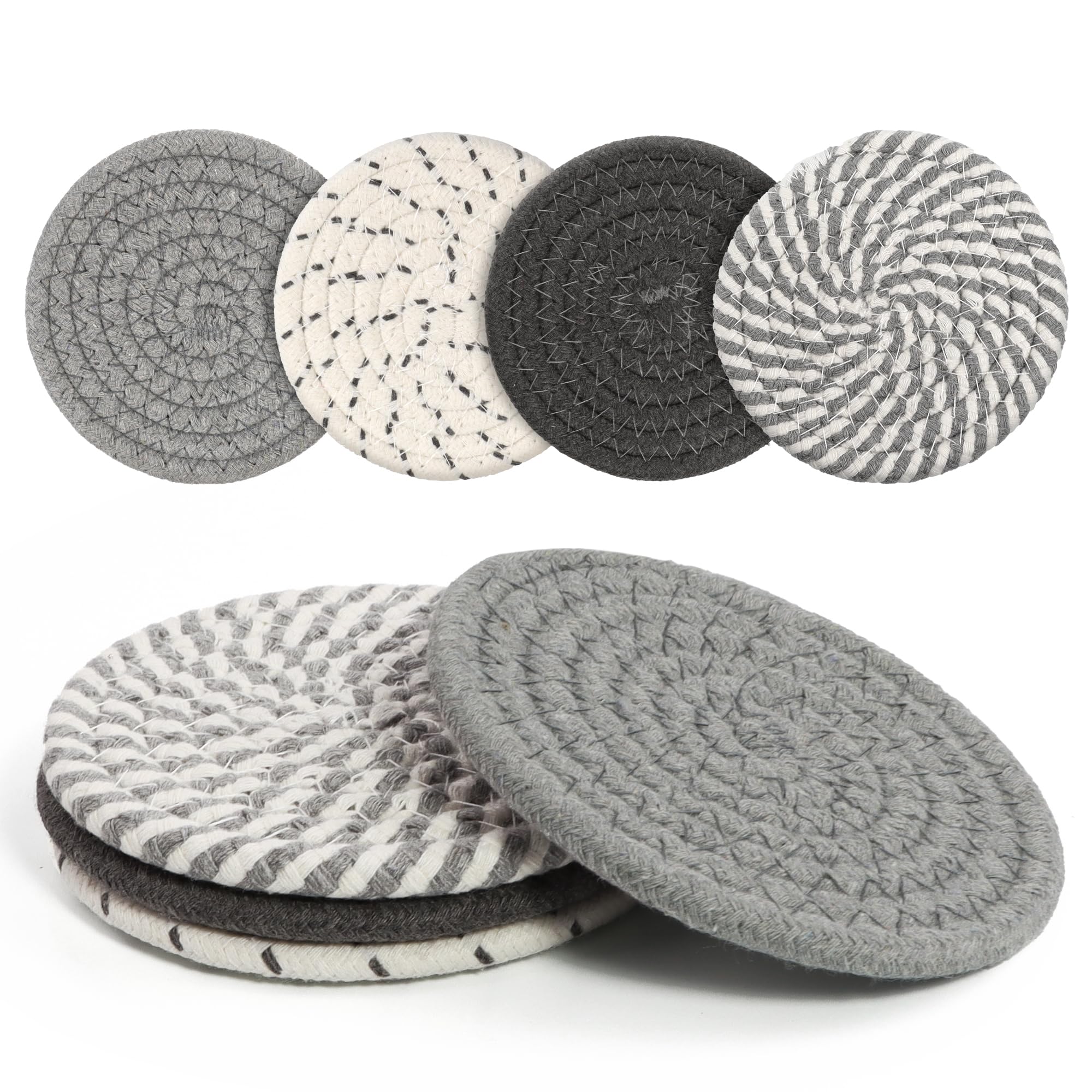 Coasters Set of 4 for Drinks, Cotton Woven 4 Colors Absorbent Boho Coasters for Home Decor Cups - Hot or Cold Drink Thickened (Grey)