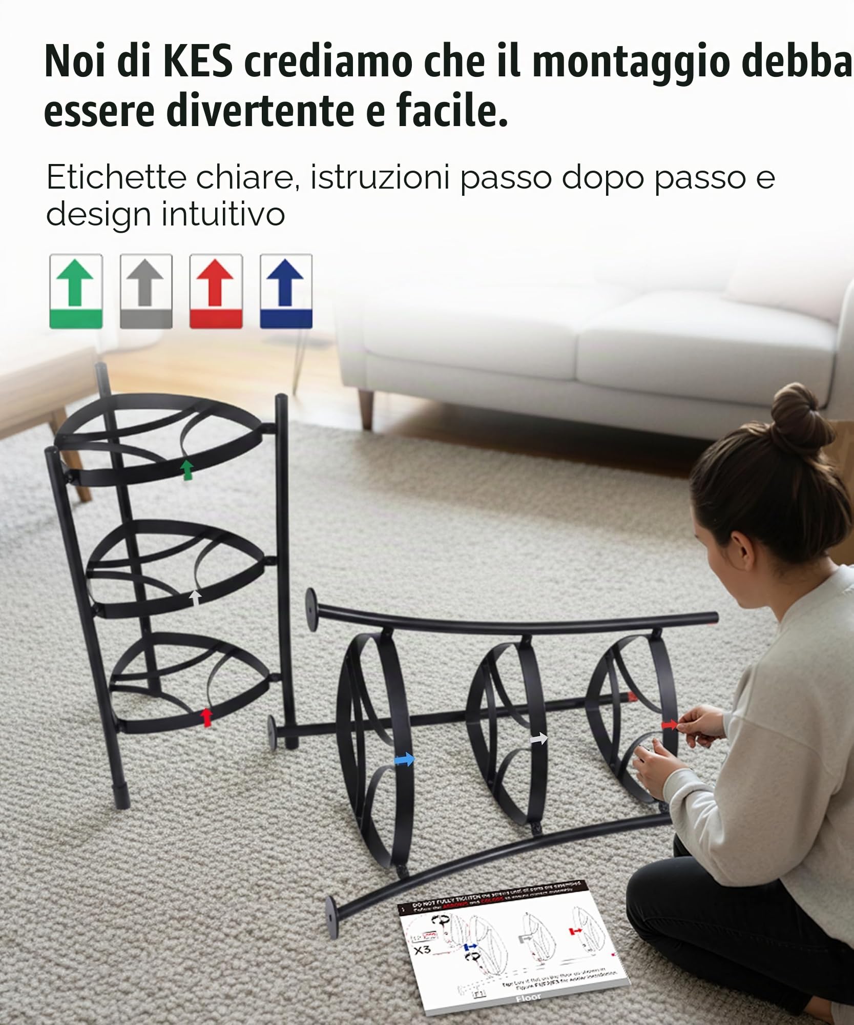 KES KUR531S6-BK KUR531S6-BK - Supporto per pentole in ghisa a 6 ripiani con 6 ganci, pentole e padelle, base stabile, cinghia anti-ribaltamento e protezioni per pavimenti nero, capacità 119,7 kg