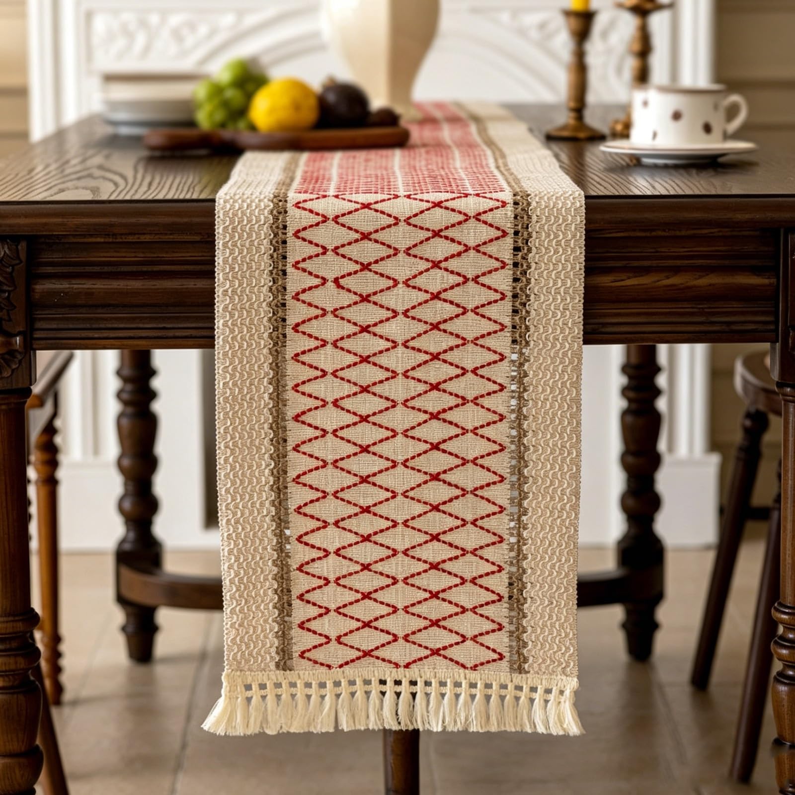 Vintage Grid Texture Table Runner, Linen Cotton Rustic Aesthetic Table Runner, Hollow Bevel Edge Long Tea Mat, for TV Stand Dresser Home Decor(Red,210cm/82.6in)
