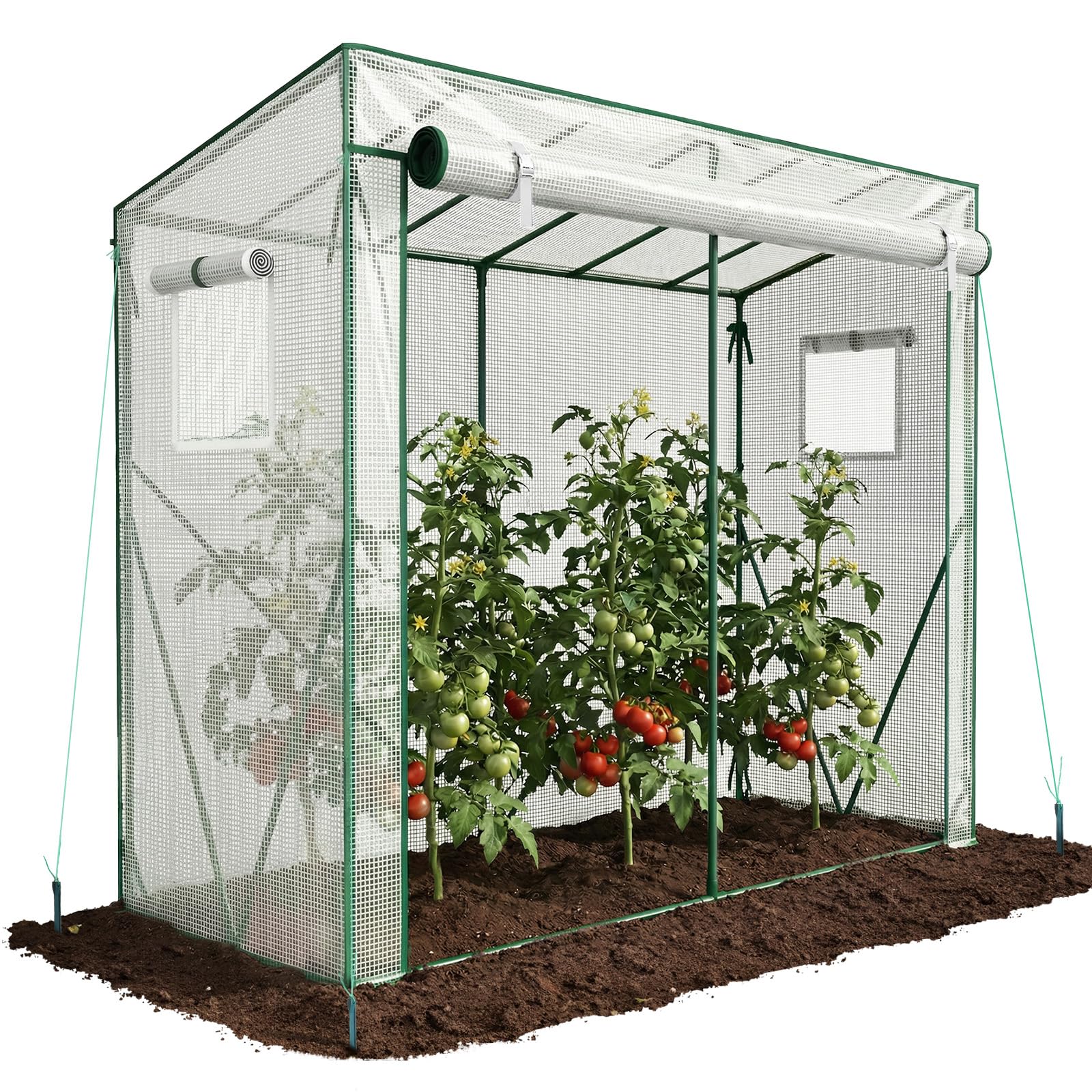 VOUNOT ® Serre de Jardin à Toit Incliné Serre à Tomate avec Grande Porte et 2 Fenêtres pour Légumes Plantes Fleurs Bâche PE Renforcée 135g/m2 Protéger Vos Plantes en Toutes Saisons 200x77x170cm Blanc