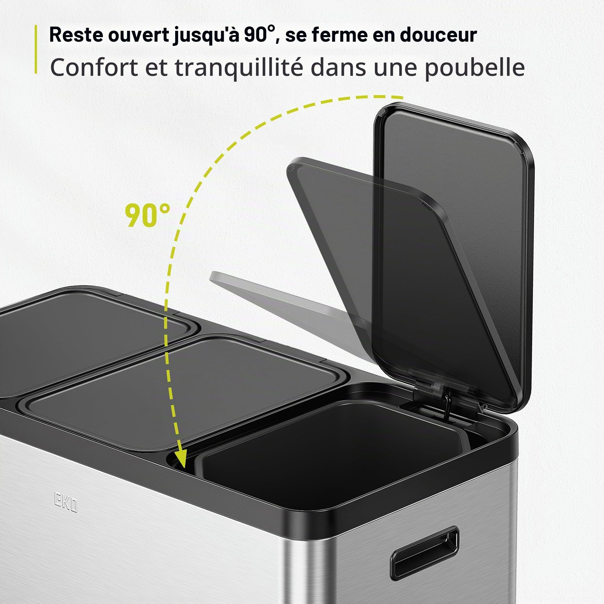 EKO Essential Poubelle à 3 compartiments, 3 x 20 l, système de tri sélectif, poubelle de cuisine, avec 20 sacs poubelles, grande capacité avec couvercle, fermeture douce et hermétique, en acier