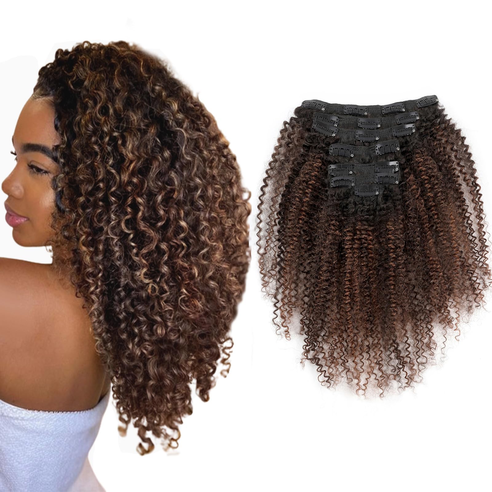 Sixstarhair Kinky Curly Extensions aus menschlichem Haar Clip-In Haarextensions Doppelter Weft 7 Teile 120g Mit Schwarz verwurzelt Ausblendend zu Naturschwarz mit Medium Auburn #30 7 Teile