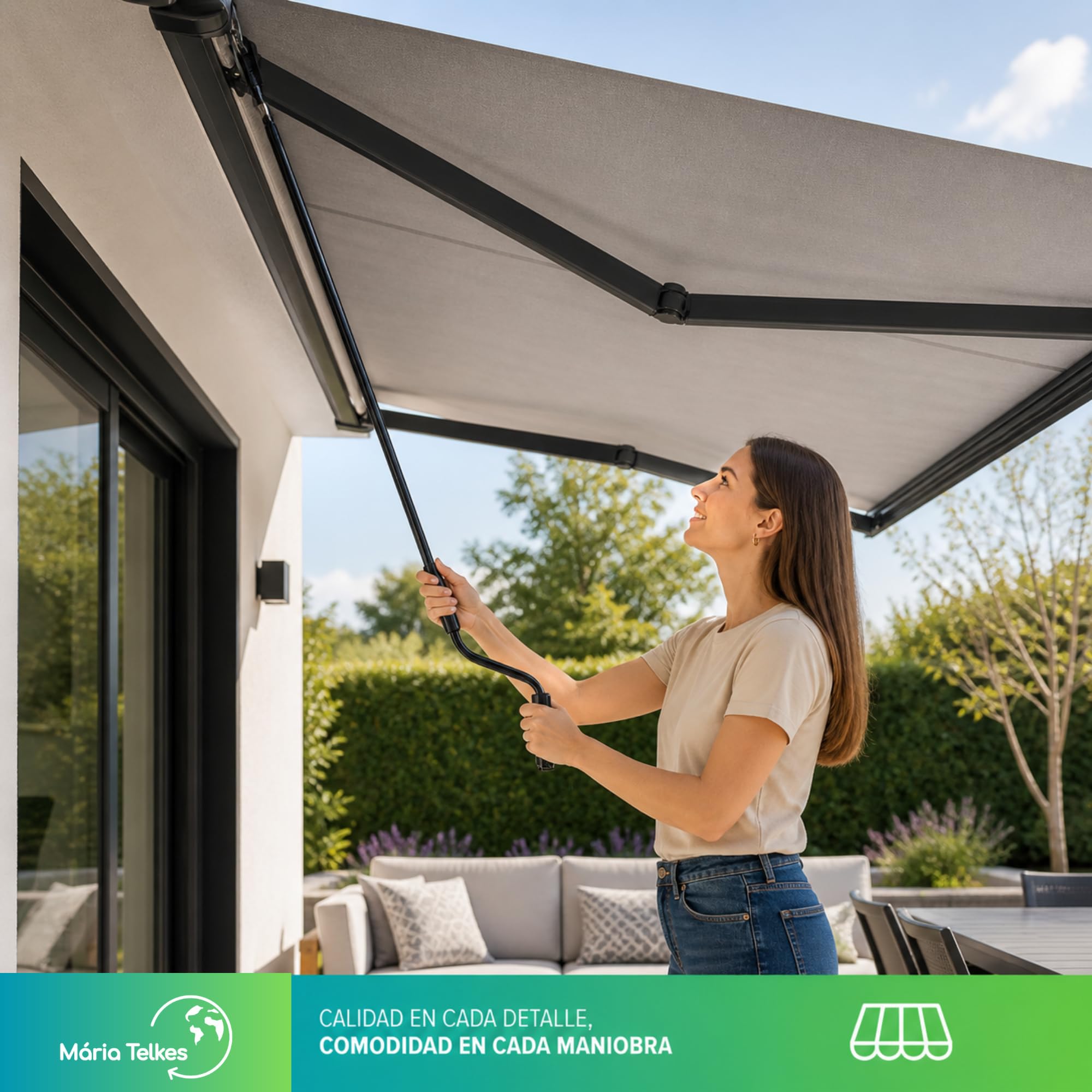Manivela para Toldo Exterior – Barra Accionamiento para Toldos Enrollables | Maneta Metálica Resistente con Gancho | Recambio Universal para Toldos Manuales (Negro, 150 Cm)
