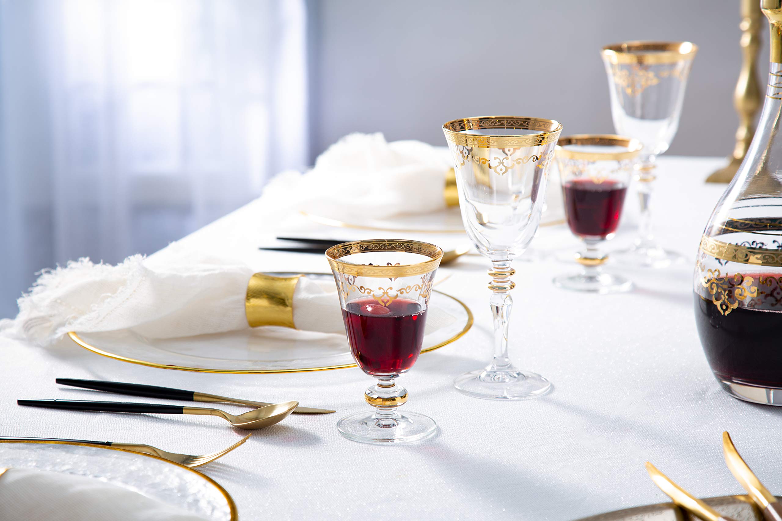 Short Stem Glasses with Gold Design on Base, Set of 6 Pieces, Fills 7 fluid oz.- Measures 5