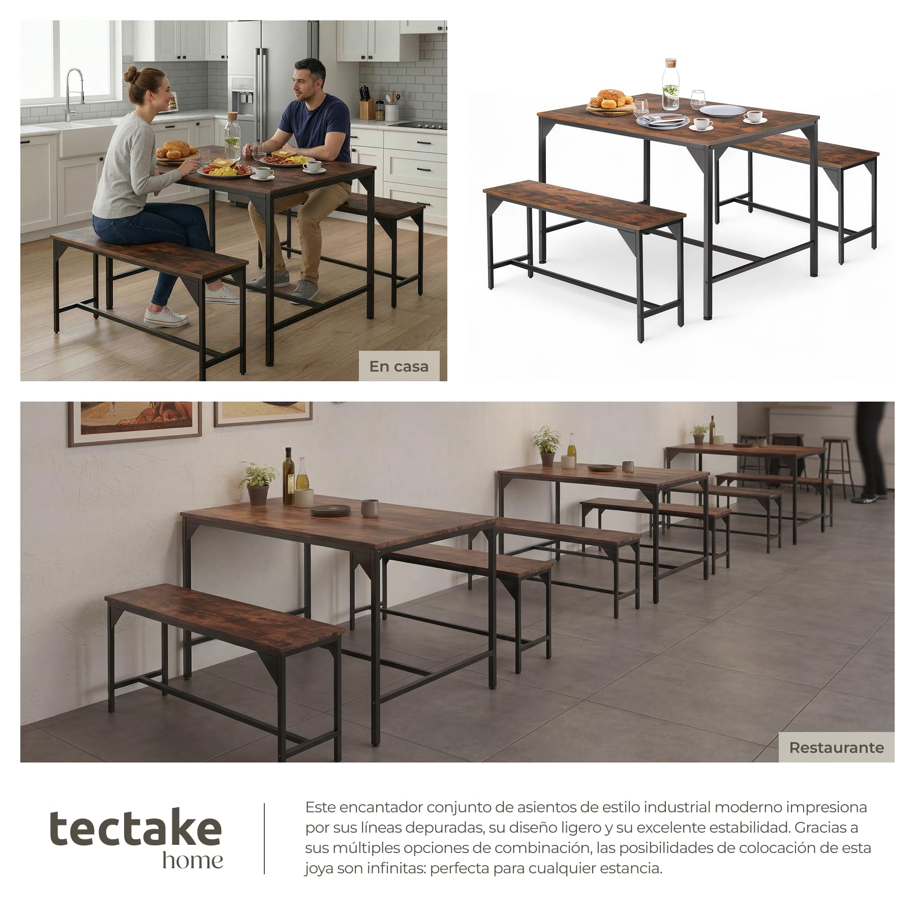 tectake® Conjunto de Mesa y Bancos, Estilo Industrial Minimalista, Mesa de Comedor con Banco, Muebles para Salón y Cocina, Marco de Acero y Madera con Revestimiento en Polvo, Fácil Montaje - Oscuro