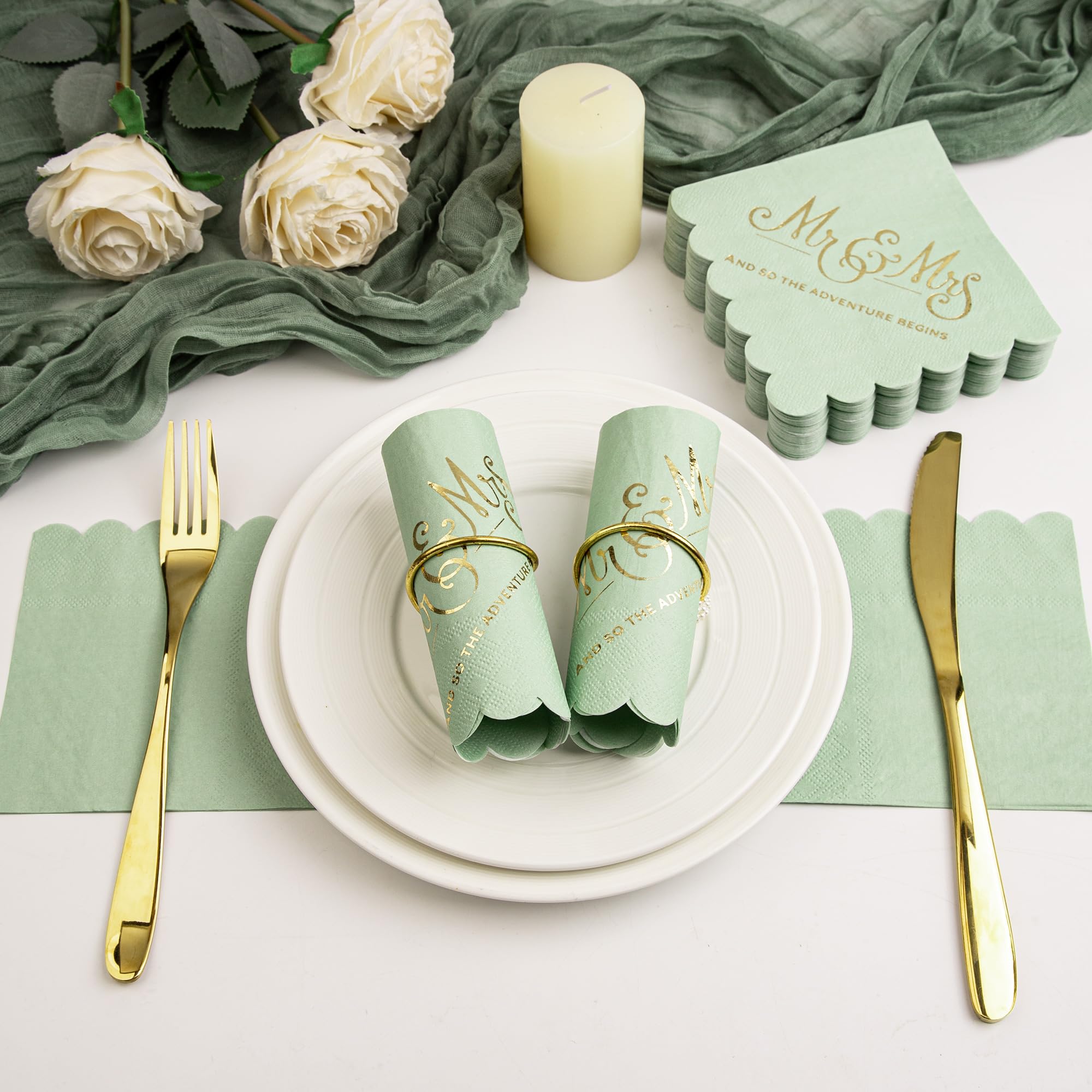 100 Stück Hochzeitsservietten, Einweg-Servietten, Goldfolie, Mr. and Mrs, Salbeigrün, Cocktail-Servietten für Hochzeit, Dinner-Party, 100 Stück