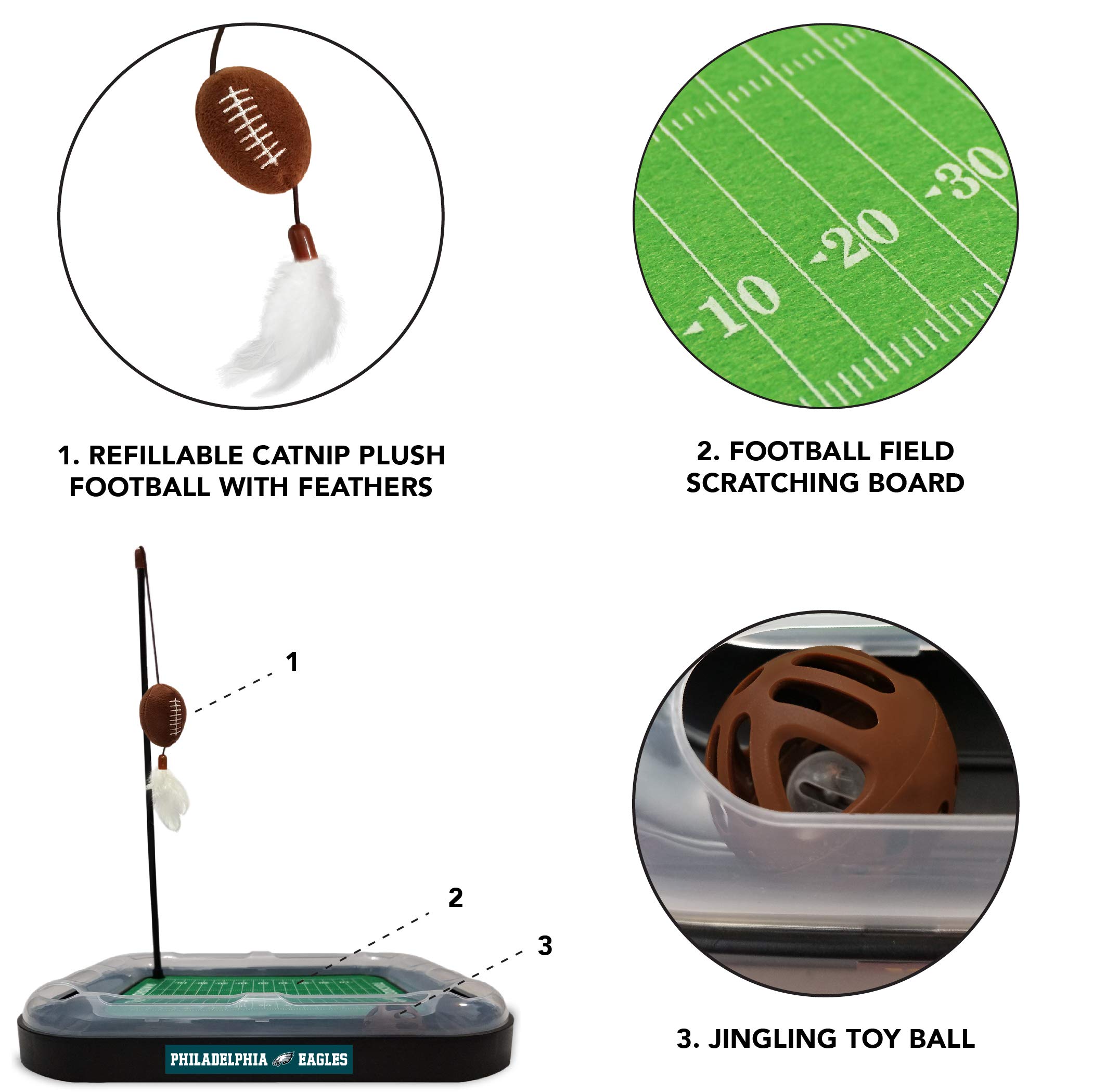 NFL - Juguete para gatos con hierba gatera, juguete de fútbol americano de peluche y plumas colgantes con campana interactiva, juguete 6 en 1, Philadelphia Eagles