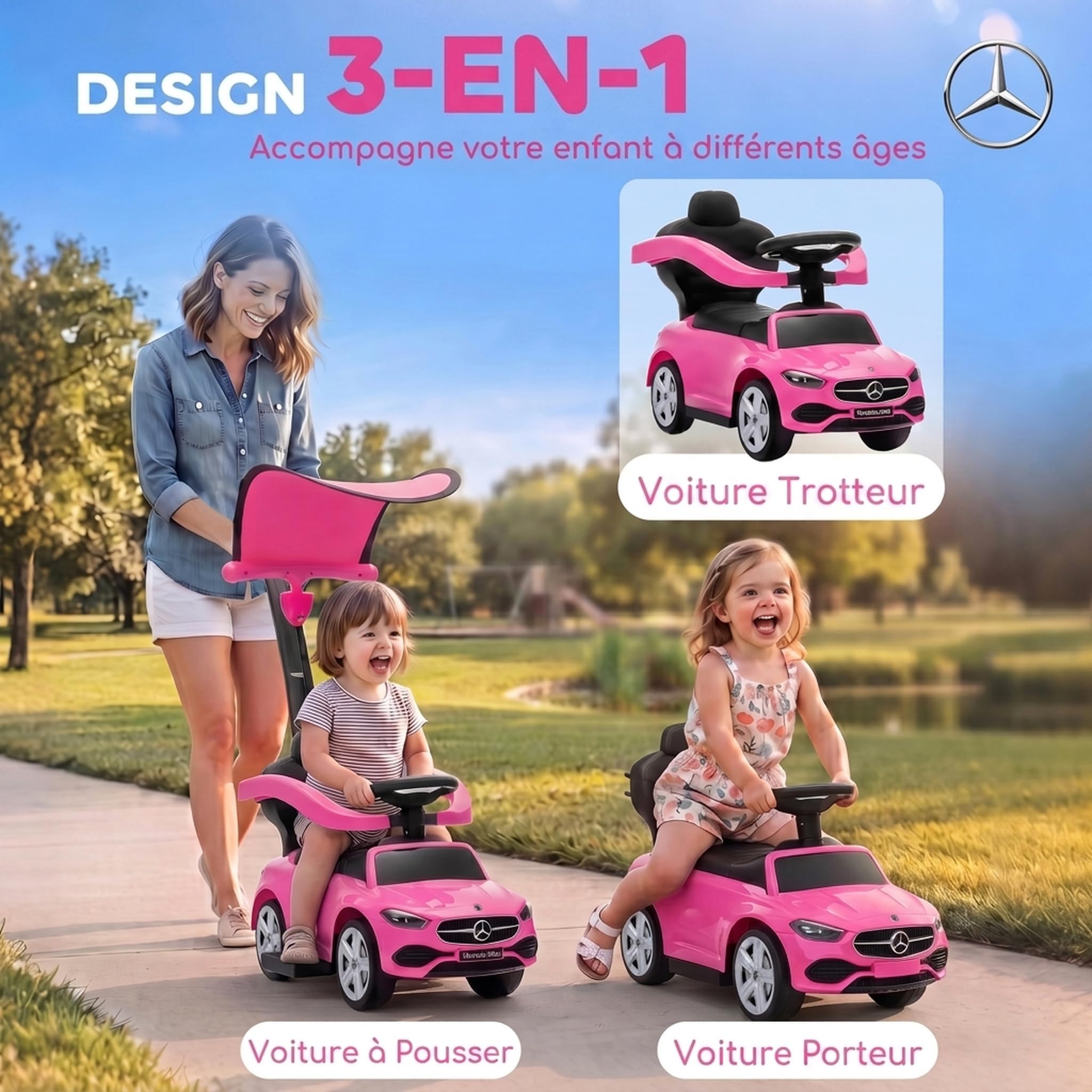 Qaba 3 w 1 Samochód pchany malucha Mercedes-Benz 18-36M Różowy