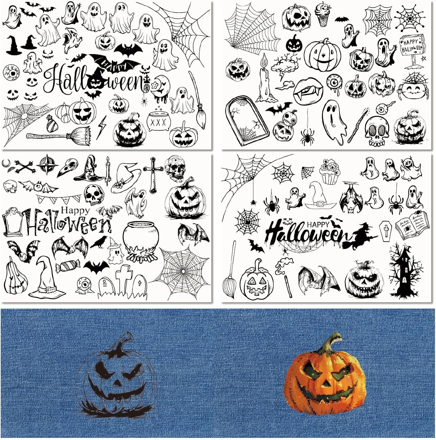 CRASPIRE 4 Sheets Halloween Water Soluble Stabilizer for Embroidery Stick and Stitch Embroidery Transfers Paper Ghost Fusible Cut Away Stabilizer for Embroidery Hand Sewing Lover Beginners