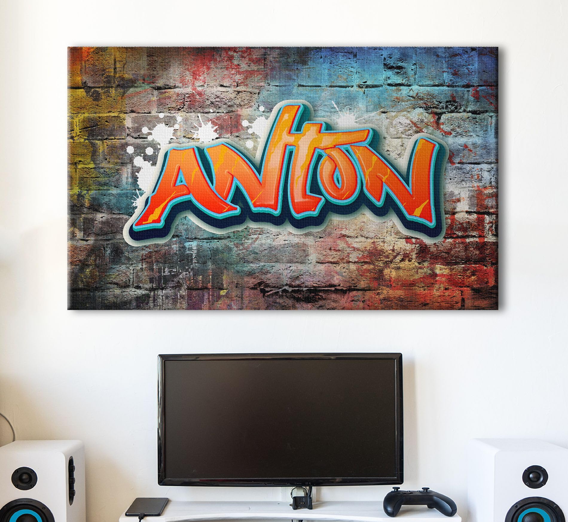 timalo® Kinderzimmer Leinwandbilder personalisiert mit Namen | Bild auf Leinwand Kinder Bilder für die Wand Wandbild xxl Bild fürs Teenager Jungenzimmer | 80 x 50 cm Graffiti Jungen Mauer
