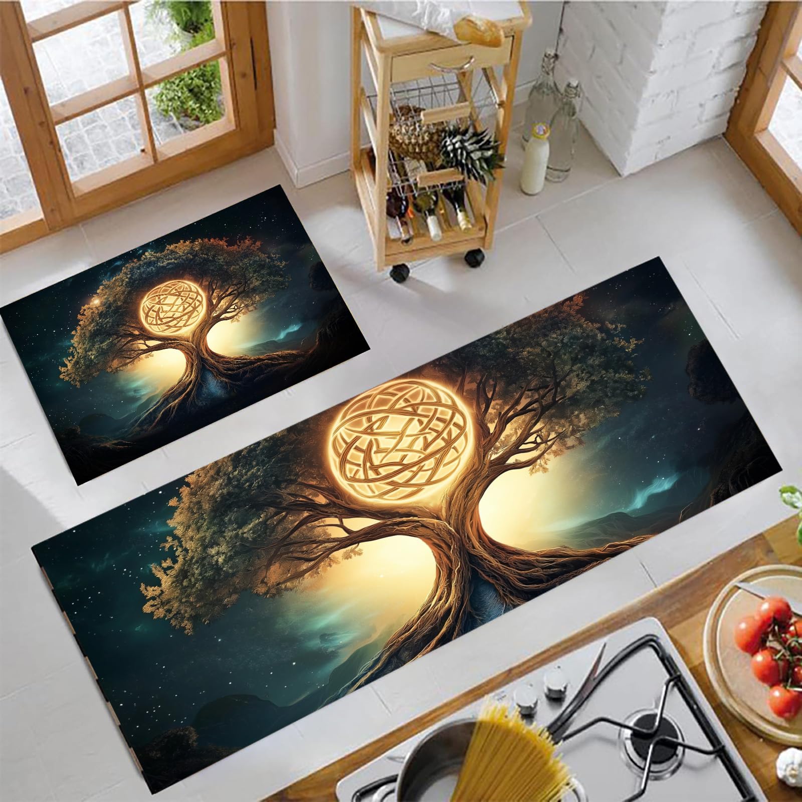 Alfombras de cocina lavables y antideslizantes con colorido diseño de bosque