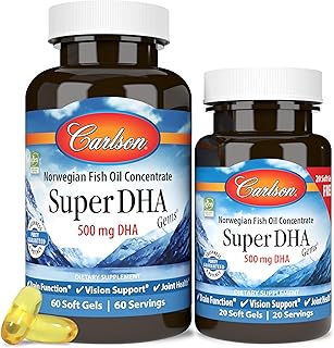 Carlson - Super DHA Gems, 500 mg DHA Supplements, 640 mg Fatty Acids, Wild-Caught Norwegian Arctic Fish Oil Concentrate, S...