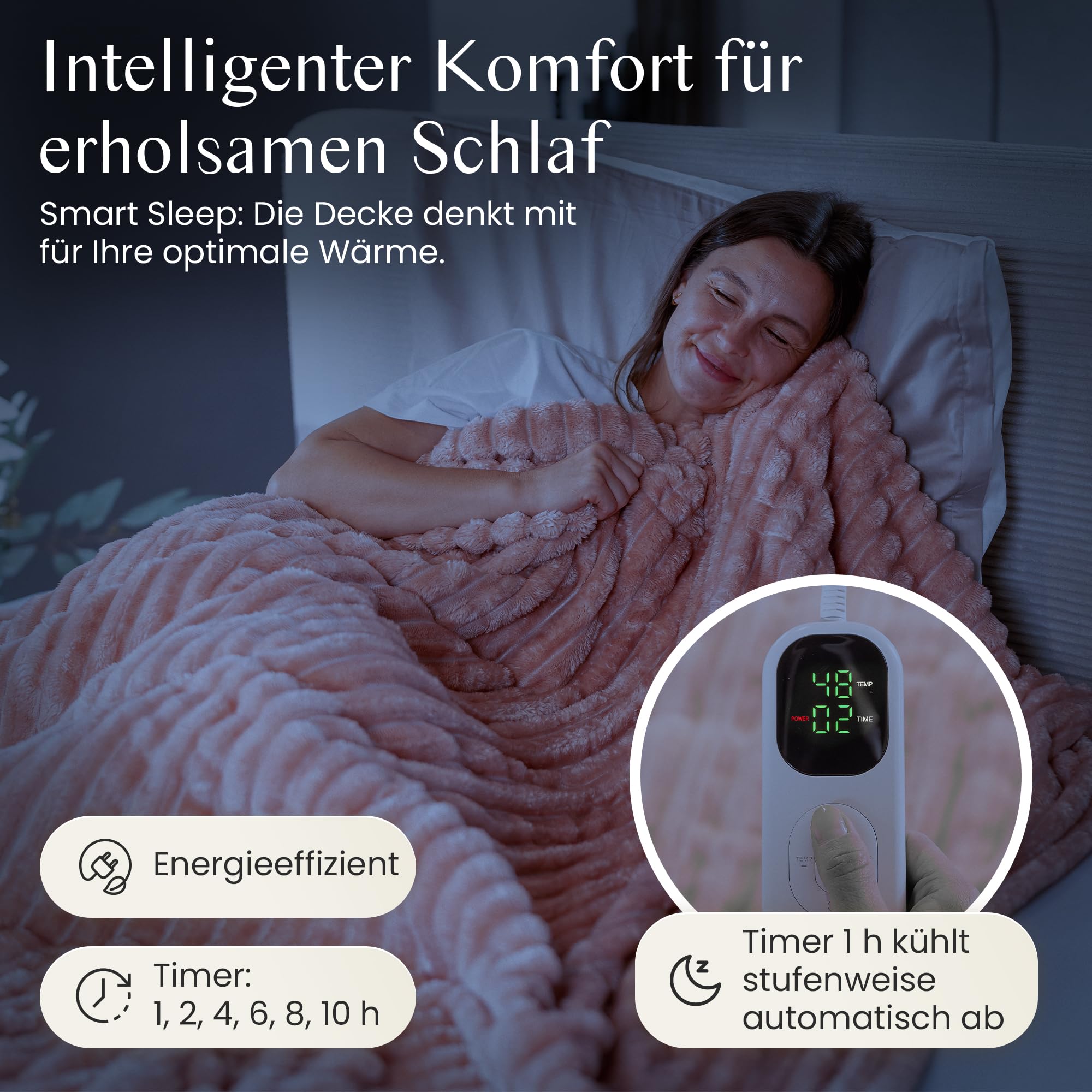 BARBERIO elektrische Heizdecke Wärmedecke staubrosa mit 6 Heizstufen, Timer, Abschaltautomatik, Überhitzungsschutz, LCD, strahlungsfrei, Anti-Milben, flauschig & maschinenwaschbar (150 x 200cm)