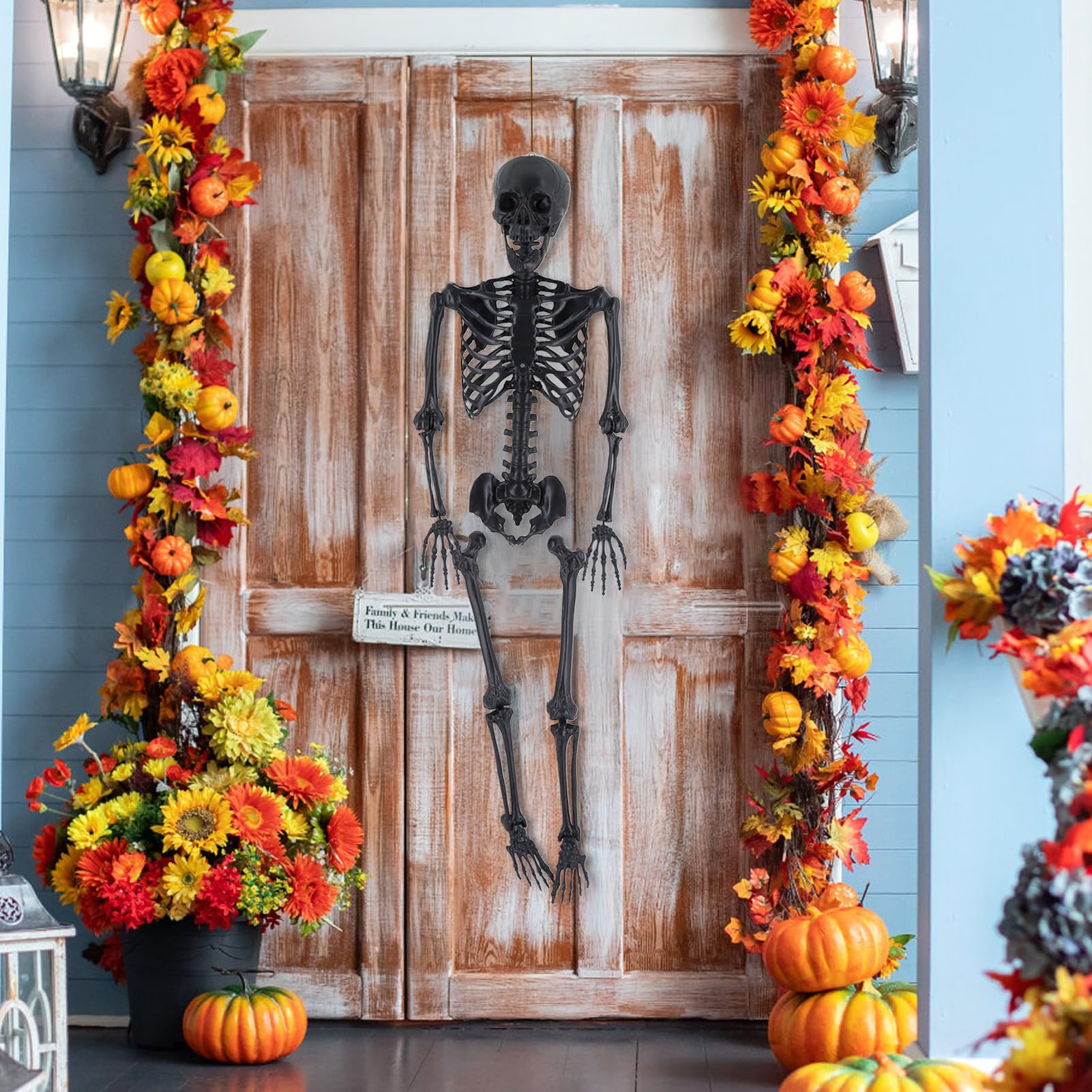 Scheletro di Halloween a grandezza Naturale, Scheletro Gigante di 1,65 m, Decorazione a Forma di Scheletro per Feste e Bar, Decorazione a Forma di Scheletro Nero per Halloween con