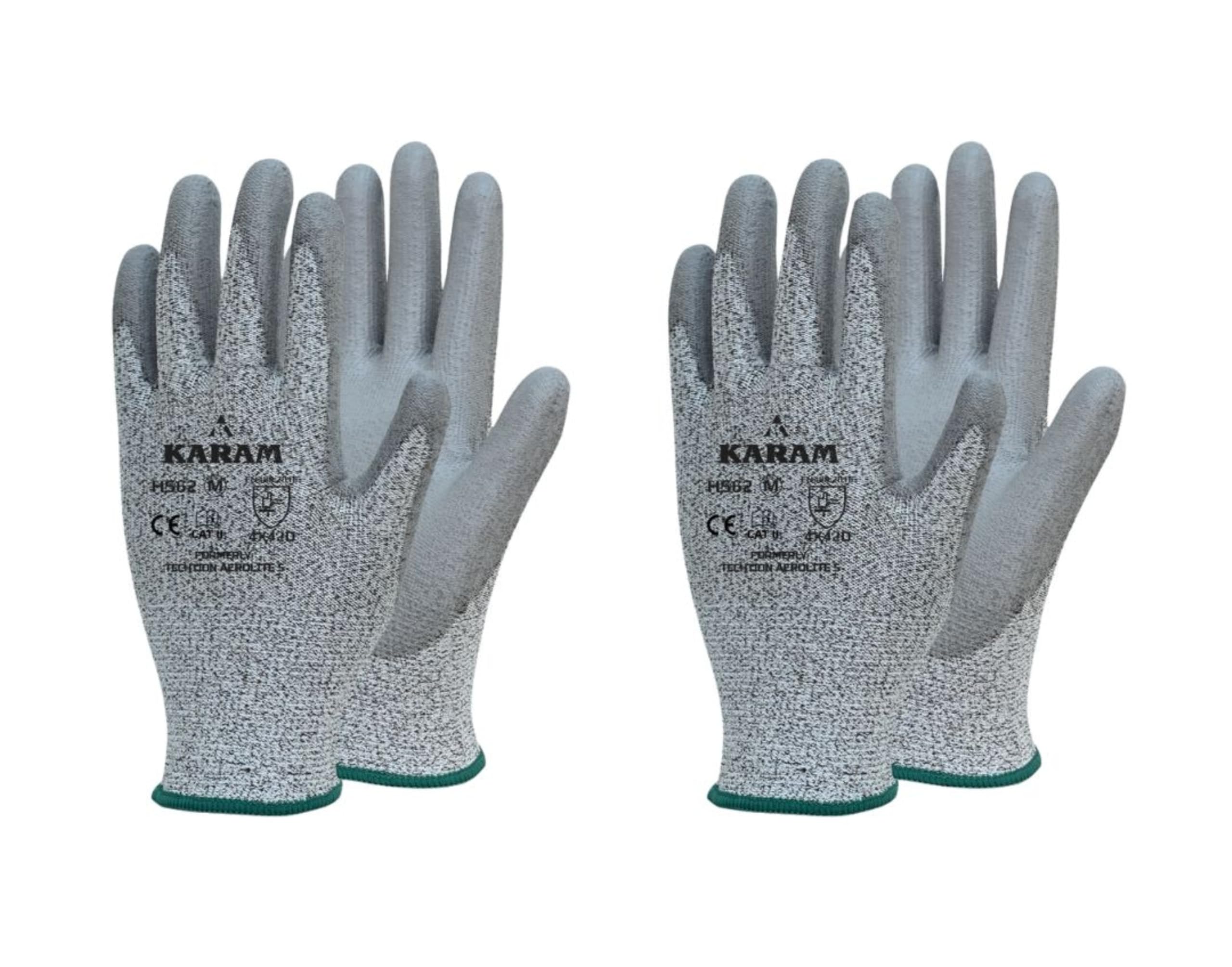 Karam HS62 PU Palm Coated 13 Gauge HPPE Safety Gloves | Cut Resistance with Comfort & Dexterity | Work Gloves with Elasticated Knit Wrist | Size-M | Pack of 2