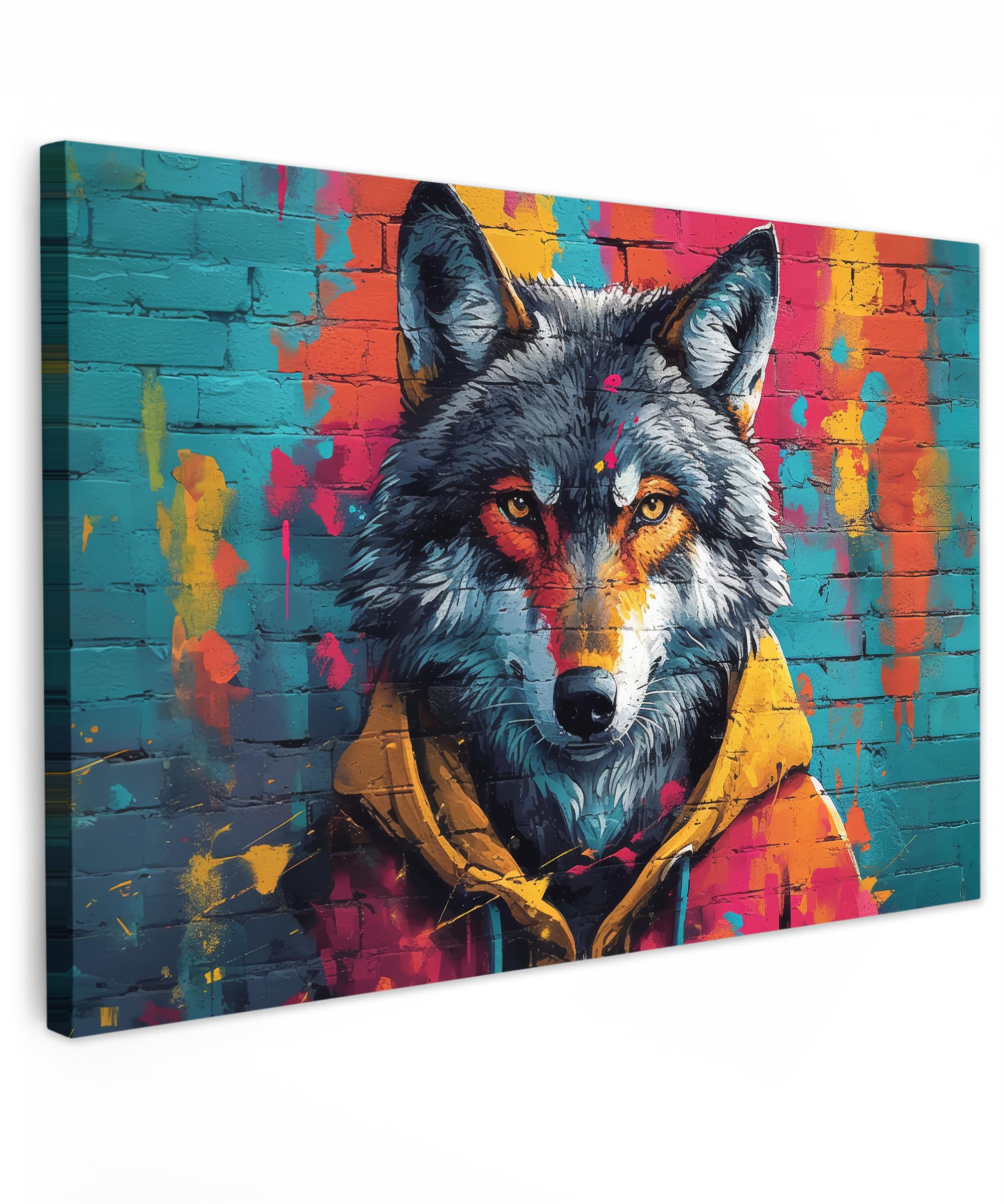 MuchoWow© Canvas Wall Art 35"x24" / 90x60 cm Decor Paintings Prints framed on Canvas Decorations Wallart Graffiti - Wolf - Street art - Blue - Banksy