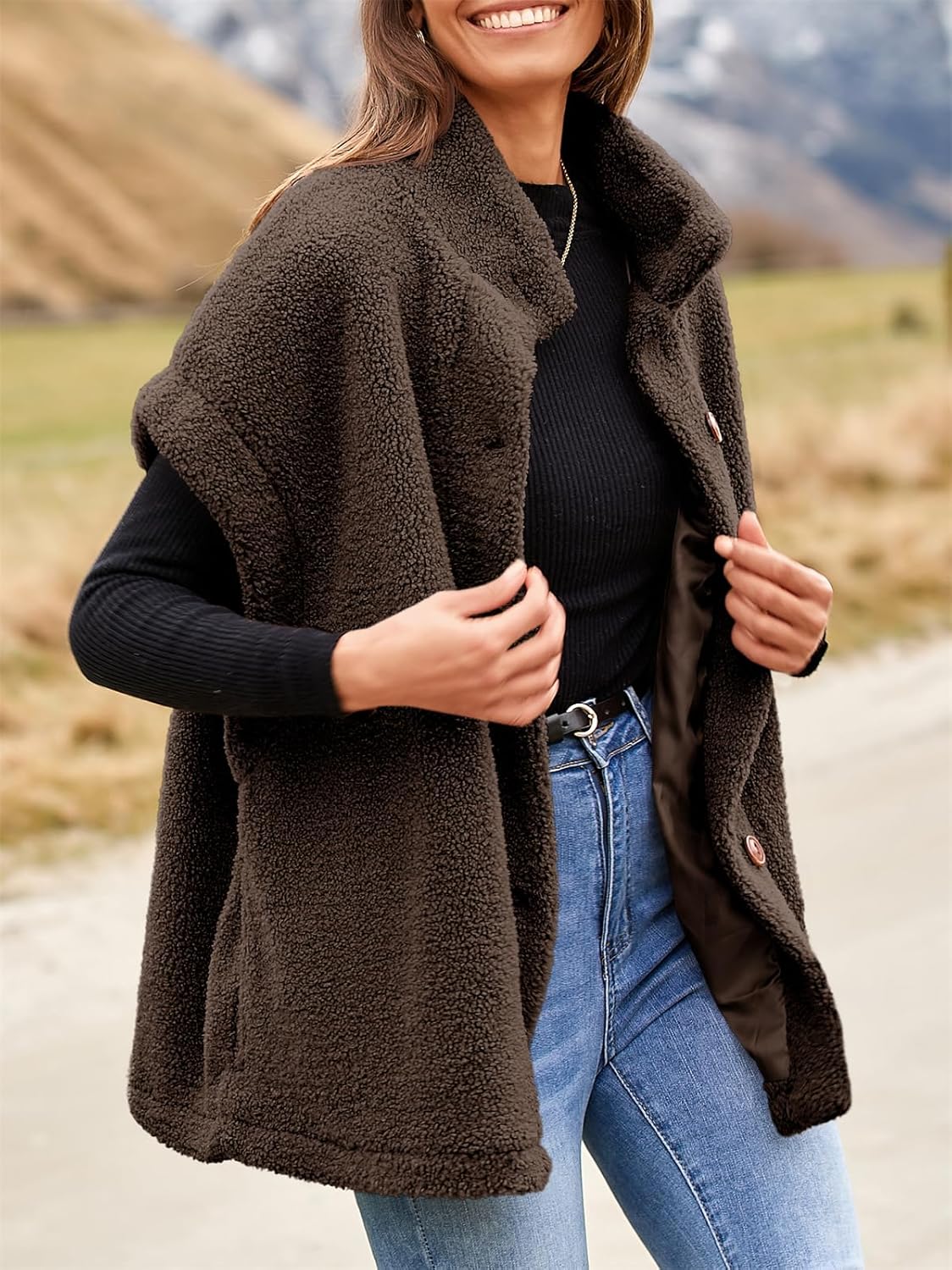 Tanakneo Womens Oversized Fleece Vest Sleeveless Fuzzy Sherpa Jacket Trendy Casual Button Down Warm Vests Outerwear - Image 3